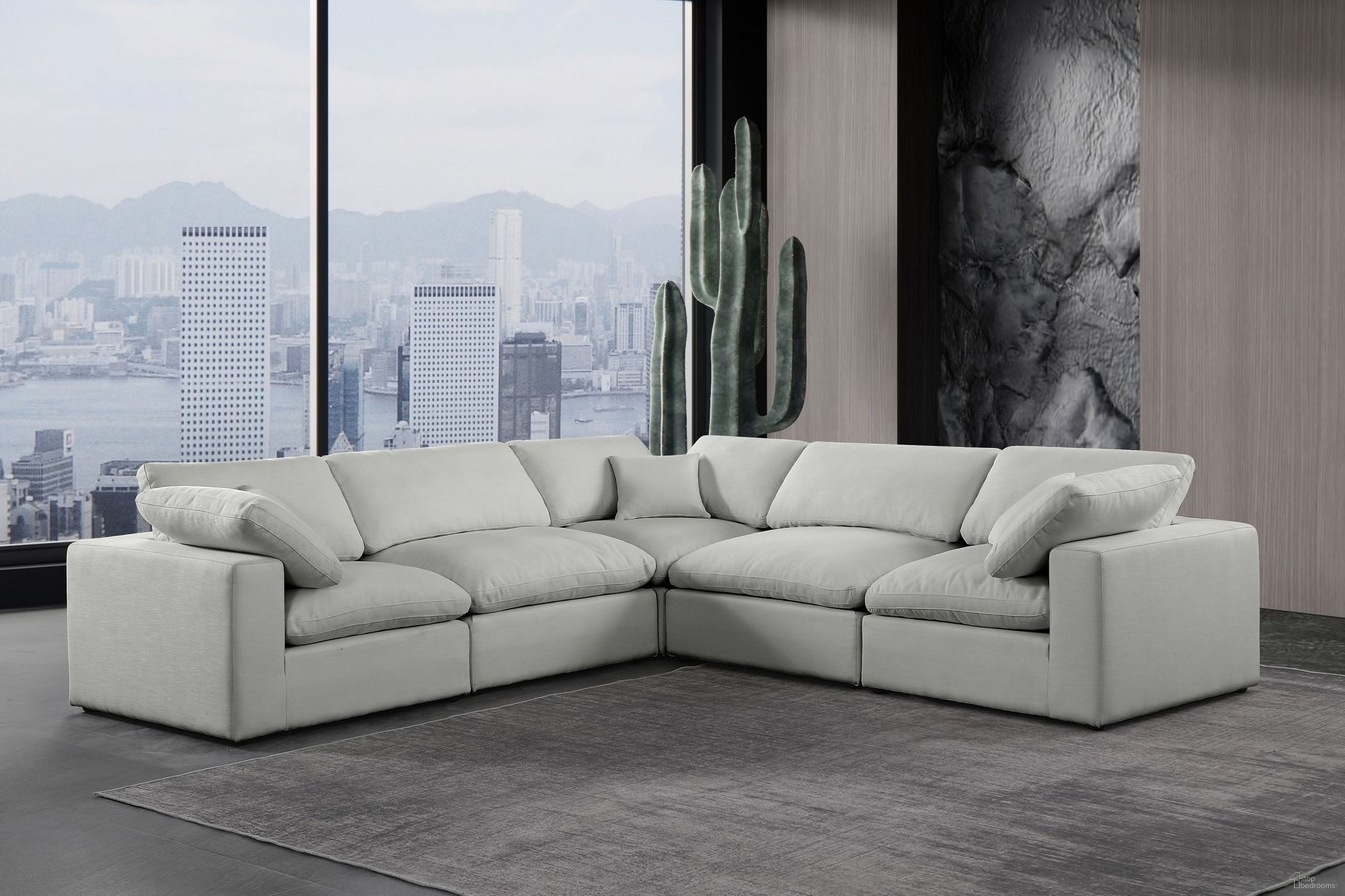 The appearance of Comfy Linen Textured Fabric 5 Piece Modular Sectional In Grey designed by Meridian in the modern / contemporary interior design. This grey piece of furniture  was selected by 1StopBedrooms from Comfy Collection to add a touch of cosiness and style into your home. Sku: 187Grey-Armless;187Grey-Armless;187Grey-Corner;187Grey-Corner;187Grey-Corner. Material: Linen. Layout: Modular.