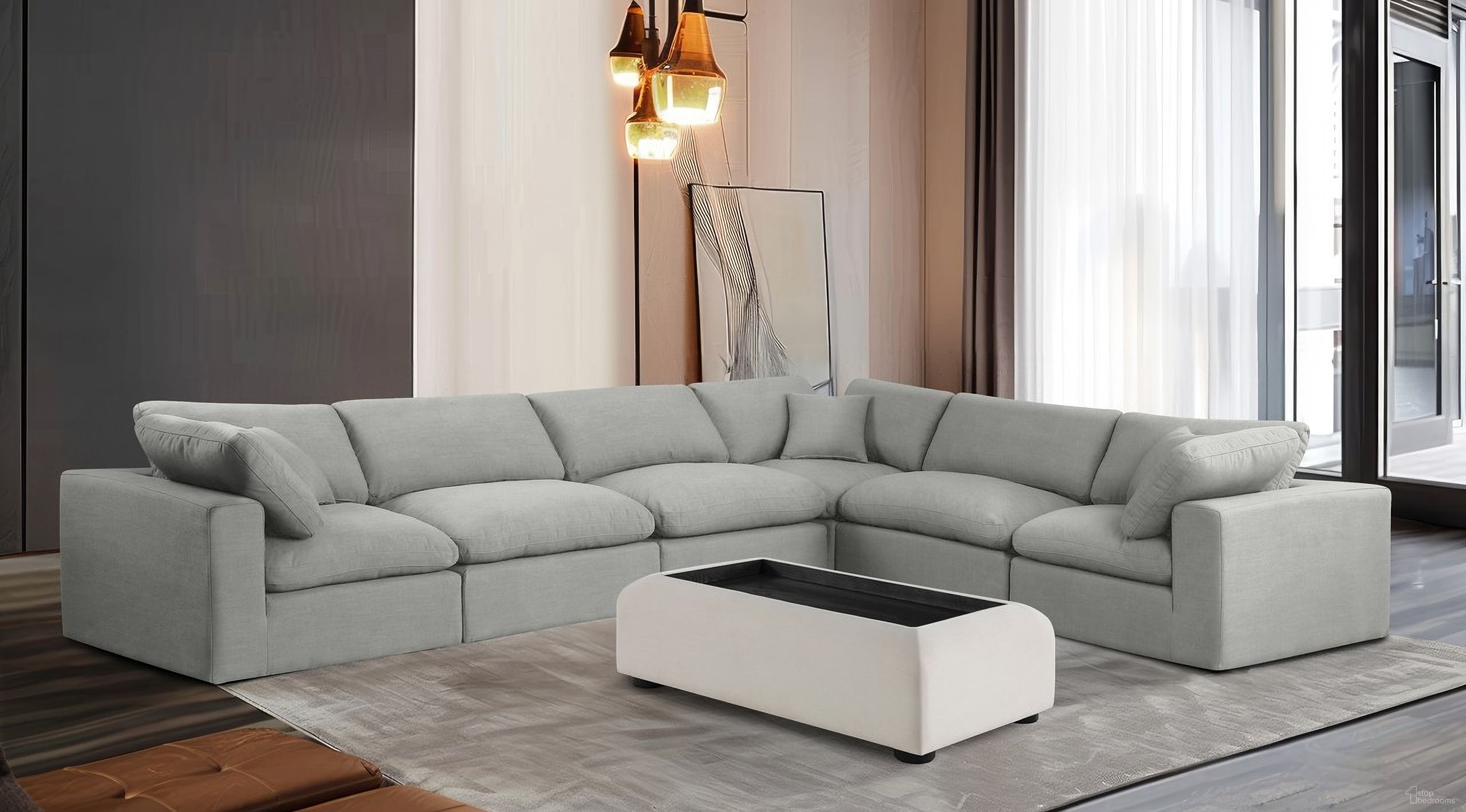 The appearance of Comfy Linen Textured Fabric 6 Piece Modular Sectional In Grey designed by Meridian in the modern / contemporary interior design. This grey piece of furniture  was selected by 1StopBedrooms from Comfy Collection to add a touch of cosiness and style into your home. Sku: 187Grey-Armless;187Grey-Armless;187Grey-Armless;187Grey-Corner;187Grey-Corner;187Grey-Corner. Material: Linen. Layout: Modular.
