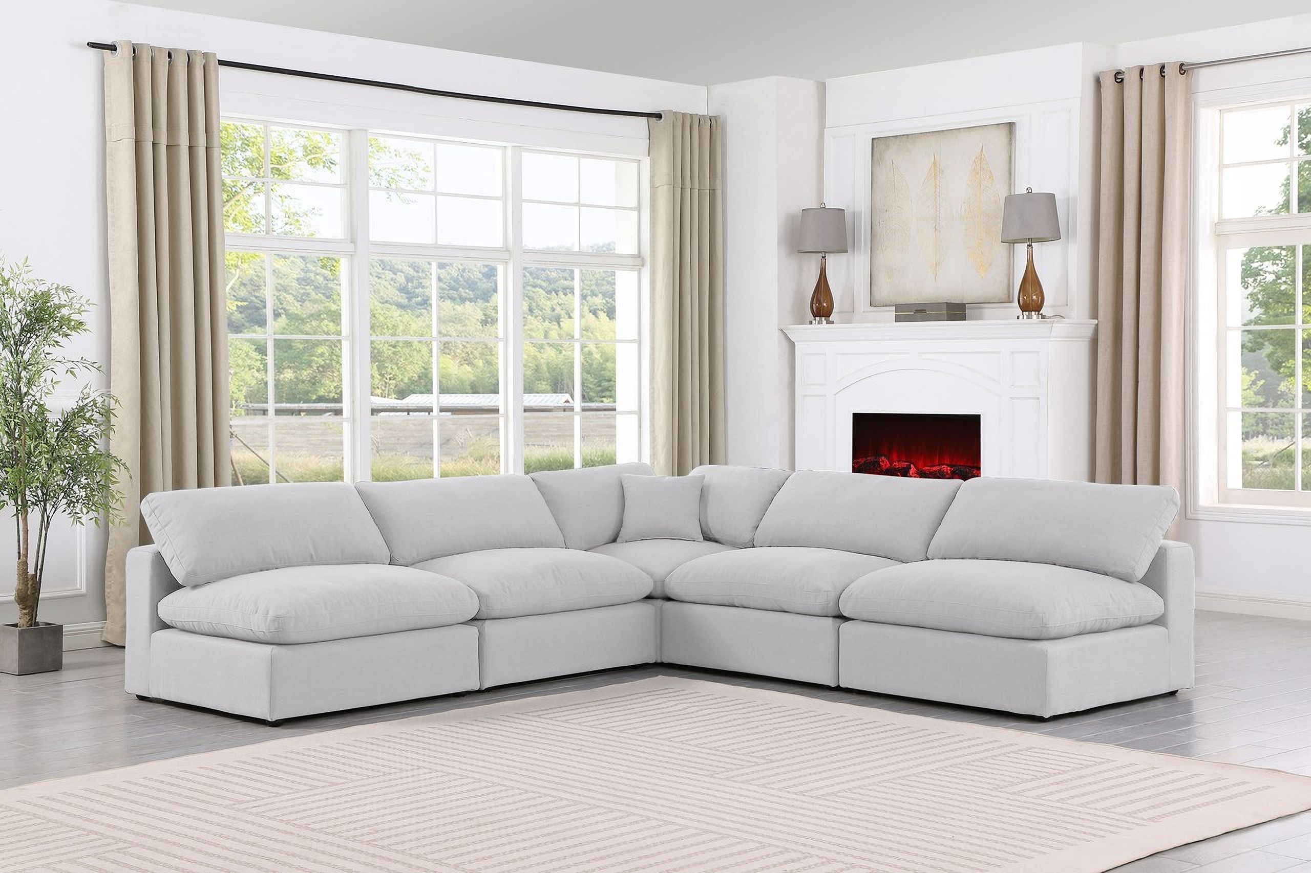Comfy Linen Textured Fabric 5 Piece Modular Sectional In White
