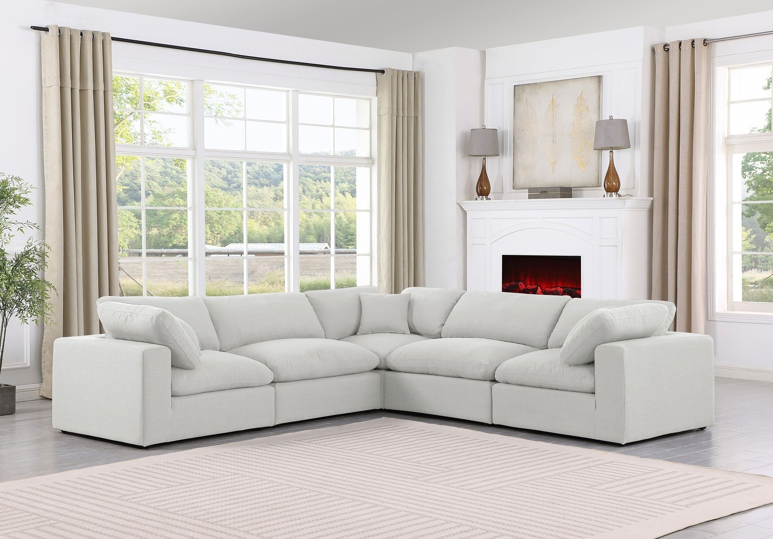 Comfy Linen Textured Fabric 5 Piece Modular Sectional In White