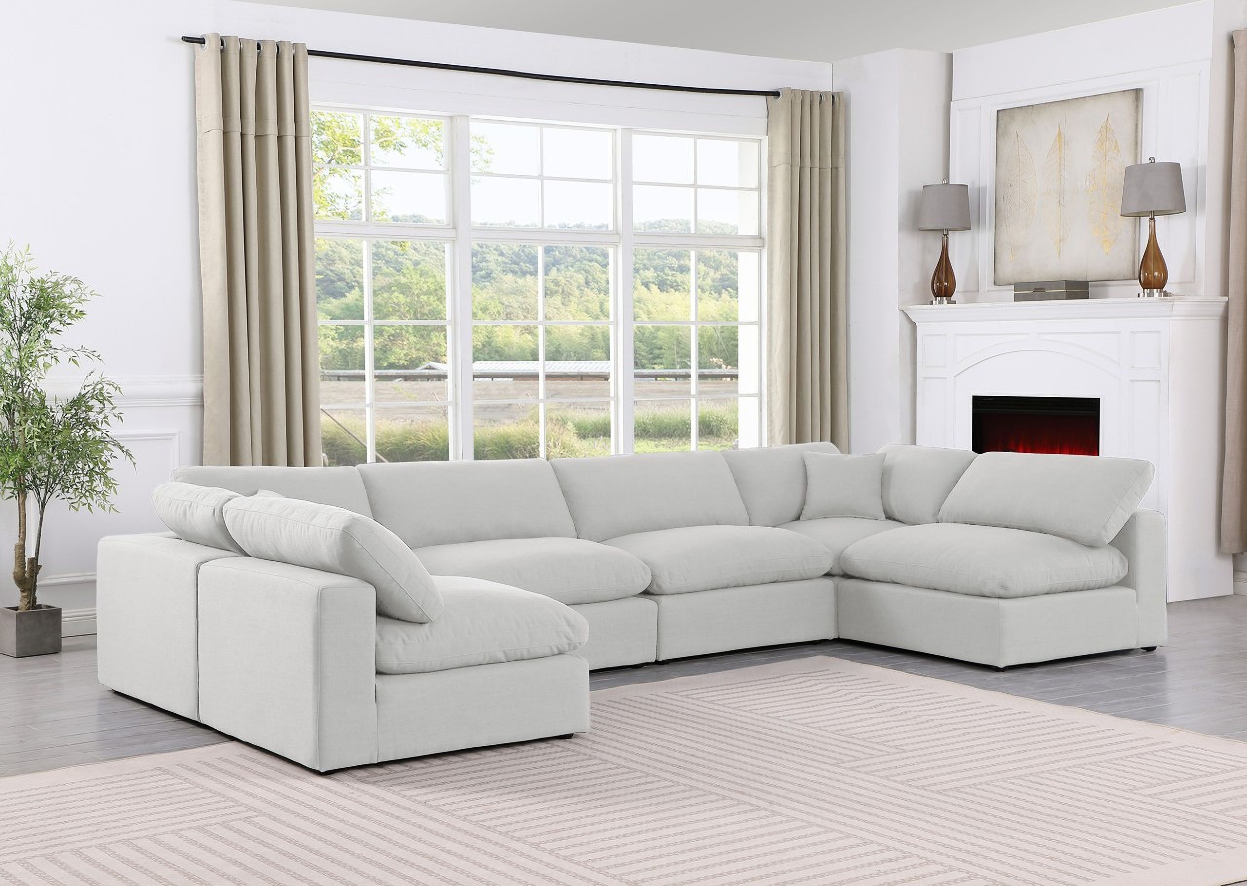 Comfy Linen Textured Fabric 6 Piece Modular Sectional In White