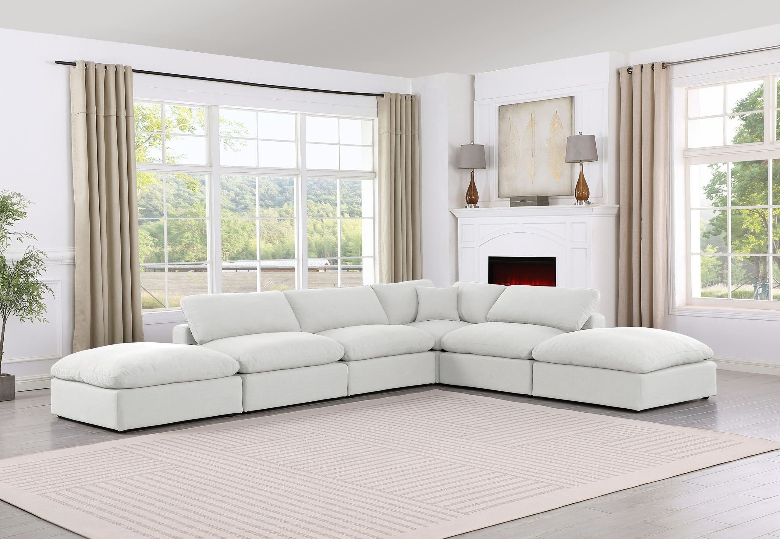 The appearance of Comfy Linen Textured Fabric 6 Piece Modular Sectional In White designed by Meridian in the modern / contemporary interior design. This white piece of furniture was selected by 1StopBedrooms from Comfy Collection to add a touch of cosiness and style into your home. Sku: 187White-Armless;187White-Armless;187White-Armless;187White-Corner;187White-Ott;187White-Ott. Material: Linen. Layout: Modular.