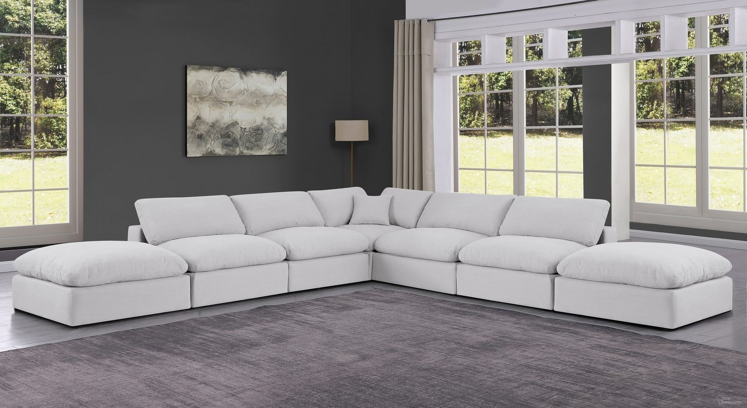 The appearance of Comfy Linen Textured Fabric 7 Piece Modular Sectional In White designed by Meridian in the modern / contemporary interior design. This white piece of furniture was selected by 1StopBedrooms from Comfy Collection to add a touch of cosiness and style into your home. Sku: 187White-Armless;187White-Armless;187White-Armless;187White-Armless;187White-Corner;187White-Ott;187White-Ott. Material: Linen. Layout: Modular.
