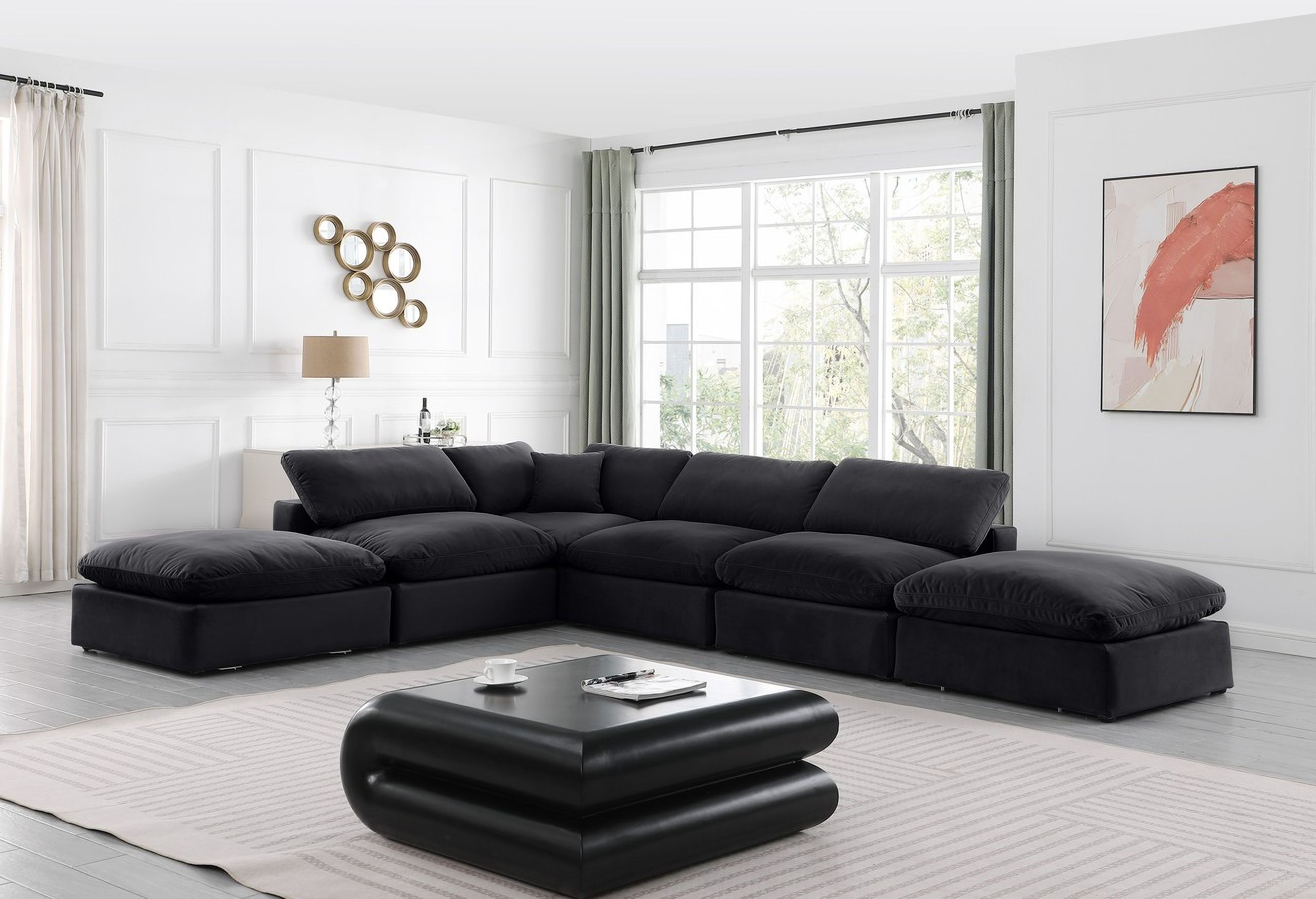 The appearance of Comfy 6 Piece Modular Sectional In Black and Espresso Velvet designed by Meridian in the modern / contemporary interior design. This black piece of furniture was selected by 1StopBedrooms from Comfy Collection to add a touch of cosiness and style into your home. Sku: 189Black-Armless;189Black-Armless;189Black-Armless;189Black-Corner;189Black-Ott;189Black-Ott. Material: Velvet. Layout: Modular.