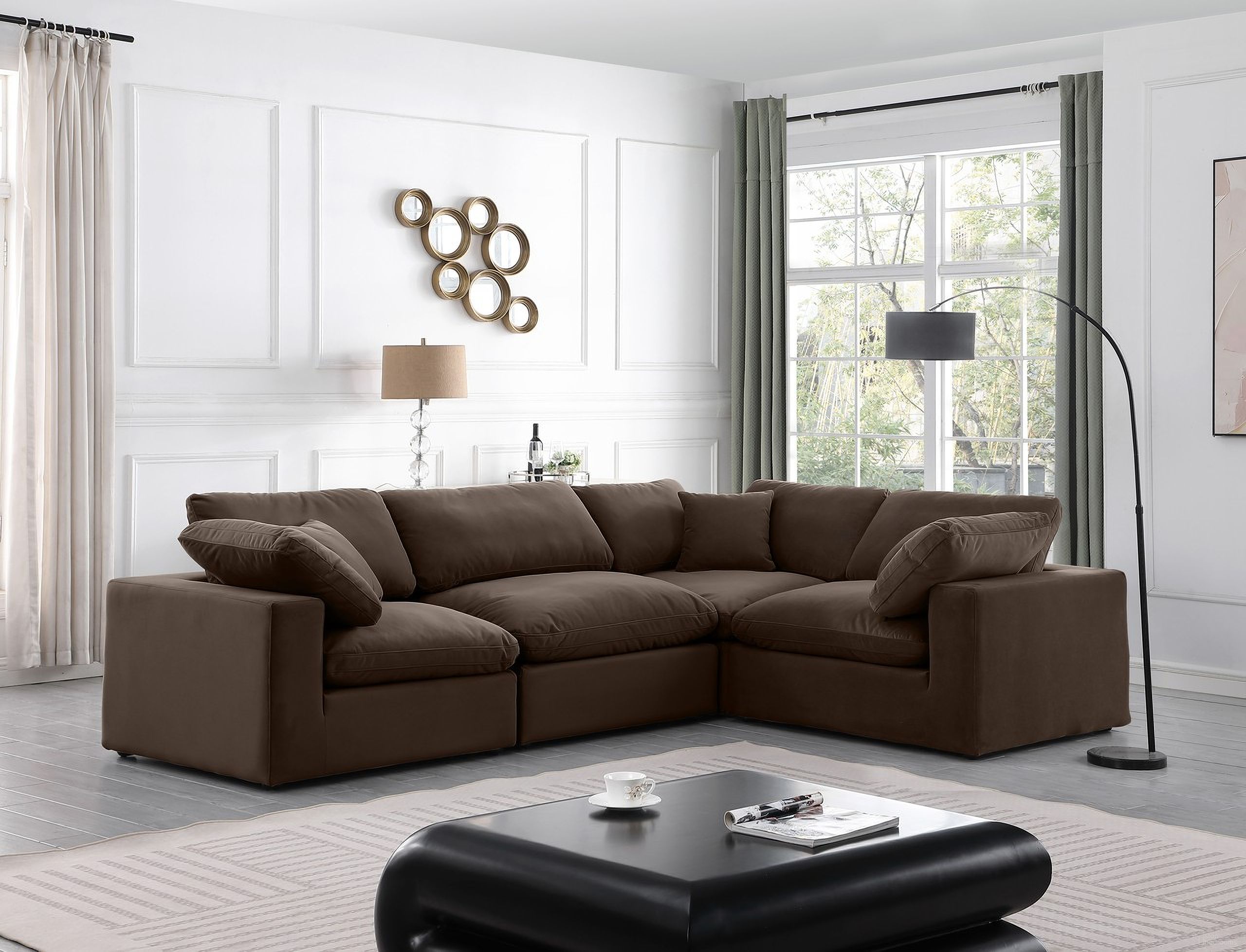 The appearance of Comfy 4 Piece Modular Sectional In Brown Velvet designed by Meridian in the modern / contemporary interior design. This brown piece of furniture  was selected by 1StopBedrooms from Comfy Collection to add a touch of cosiness and style into your home. Sku: 189Brown-Armless;189Brown-Corner;189Brown-Corner;189Brown-Corner. Material: Velvet.