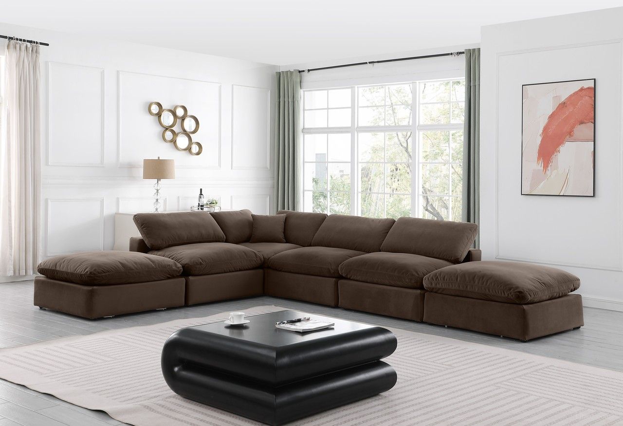 The appearance of Comfy 6 Piece Modular Sectional In Brown Velvet designed by Meridian in the modern / contemporary interior design. This brown piece of furniture was selected by 1StopBedrooms from Comfy Collection to add a touch of cosiness and style into your home. Sku: 189Brown-Armless;189Brown-Armless;189Brown-Armless;189Brown-Corner;189Brown-Ott;189Brown-Ott. Material: Velvet. Layout: Modular.