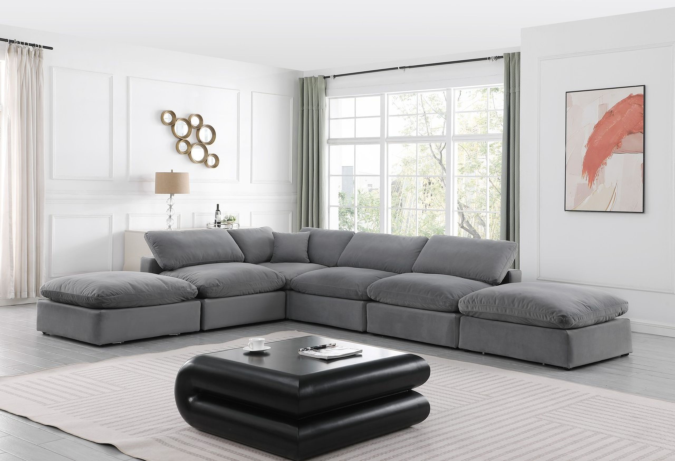The appearance of Comfy 6 Piece Modular Sectional In Grey and Espresso Velvet designed by Meridian in the modern / contemporary interior design. This grey piece of furniture was selected by 1StopBedrooms from Comfy Collection to add a touch of cosiness and style into your home. Sku: 189Grey-Armless;189Grey-Armless;189Grey-Armless;189Grey-Corner;189Grey-Ott;189Grey-Ott. Material: Velvet. Layout: Modular.