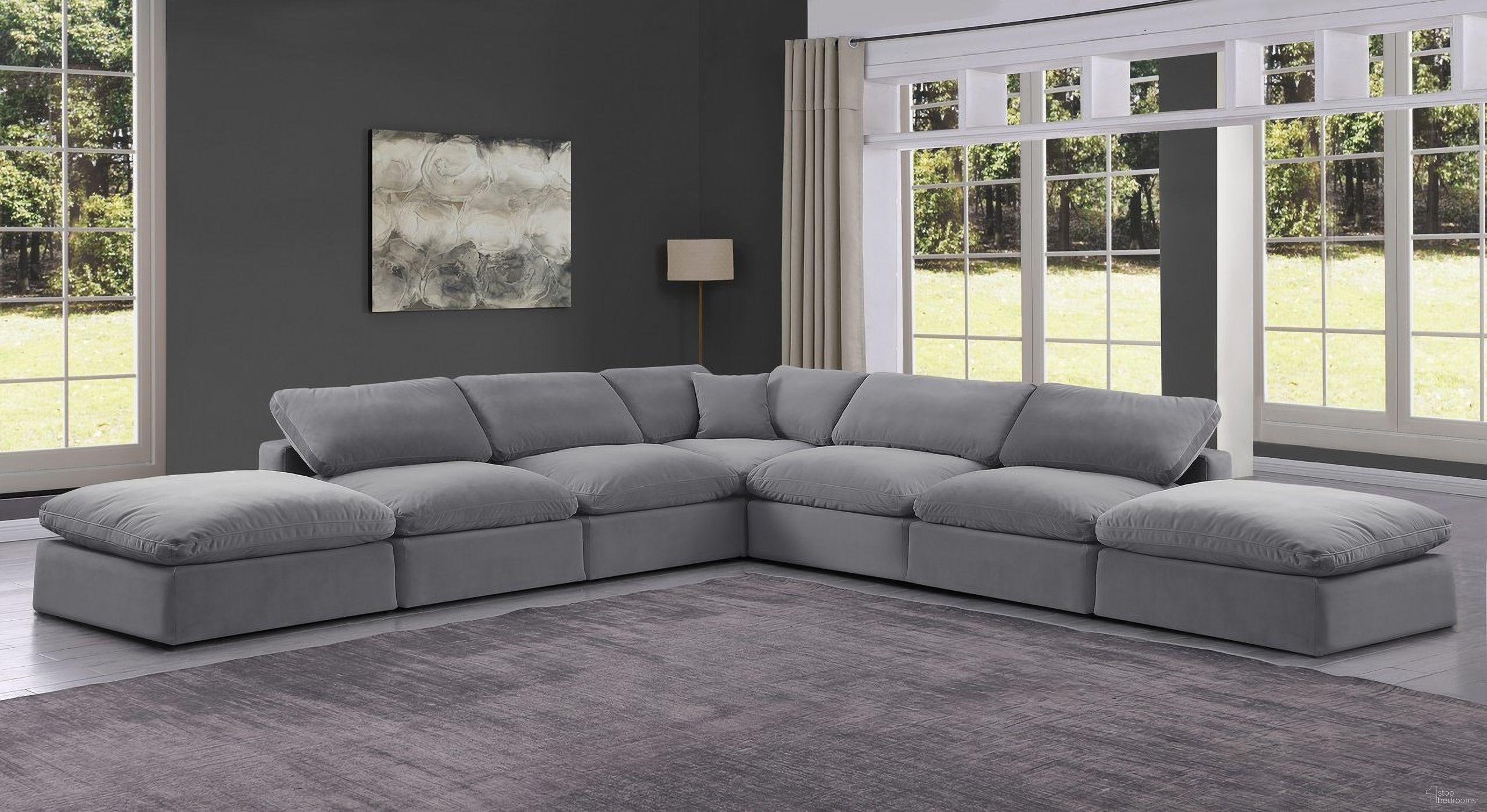 The appearance of Comfy 7 Piece Modular Sectional In Grey and Espresso Velvet designed by Meridian in the modern / contemporary interior design. This grey piece of furniture was selected by 1StopBedrooms from Comfy Collection to add a touch of cosiness and style into your home. Sku: 189Grey-Armless;189Grey-Armless;189Grey-Armless;189Grey-Armless;189Grey-Corner;189Grey-Ott;189Grey-Ott. Material: Velvet. Layout: Modular.