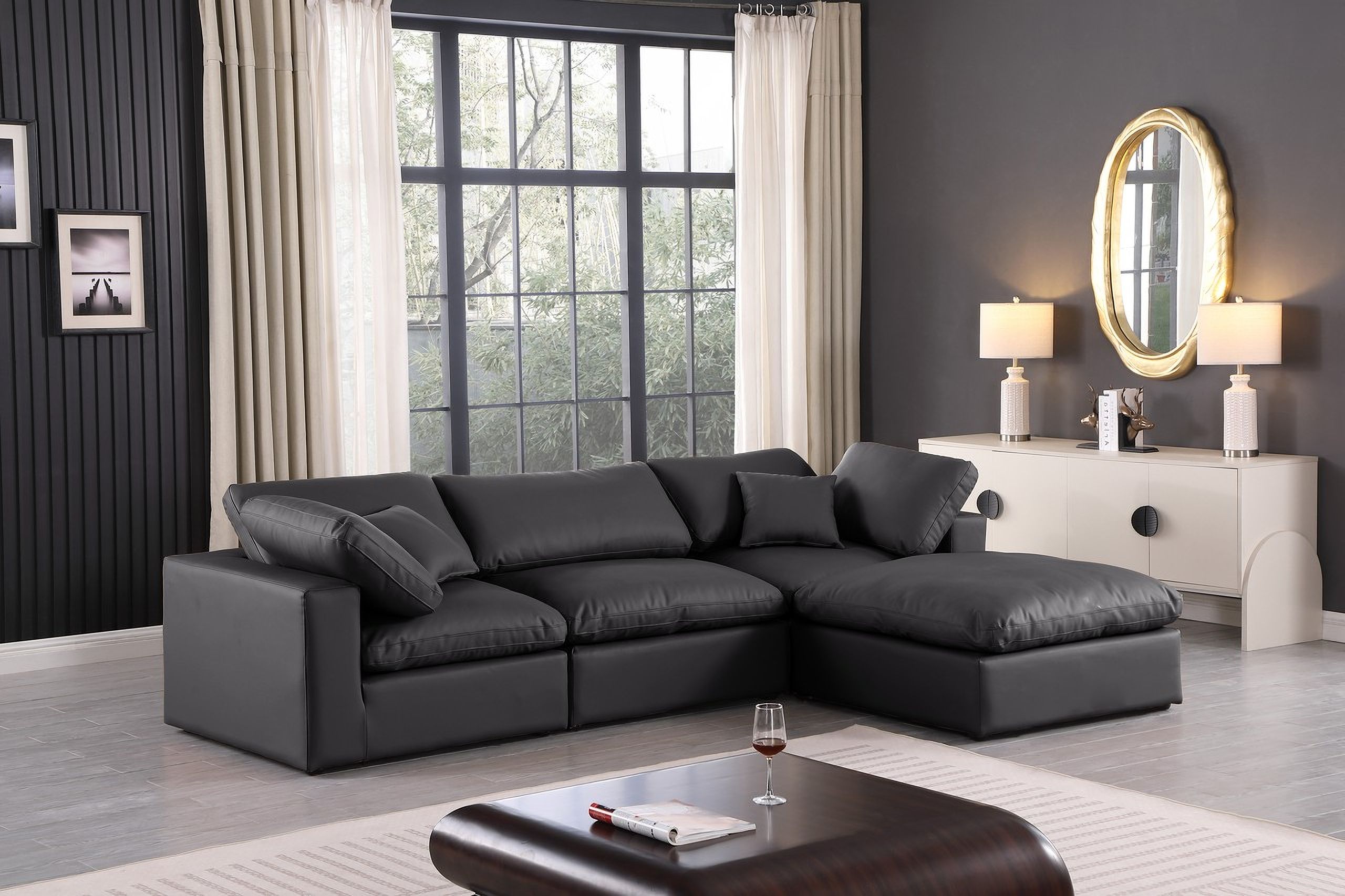 The appearance of Comfy Vegan Leather 4 Piece Modular Sectional In Black designed by Meridian in the modern / contemporary interior design. This black piece of furniture  was selected by 1StopBedrooms from Comfy Collection to add a touch of cosiness and style into your home. Sku: 188Black-Armless;188Black-Corner;188Black-Corner;188Black-Ott. Material: Leather. Layout: Modular.