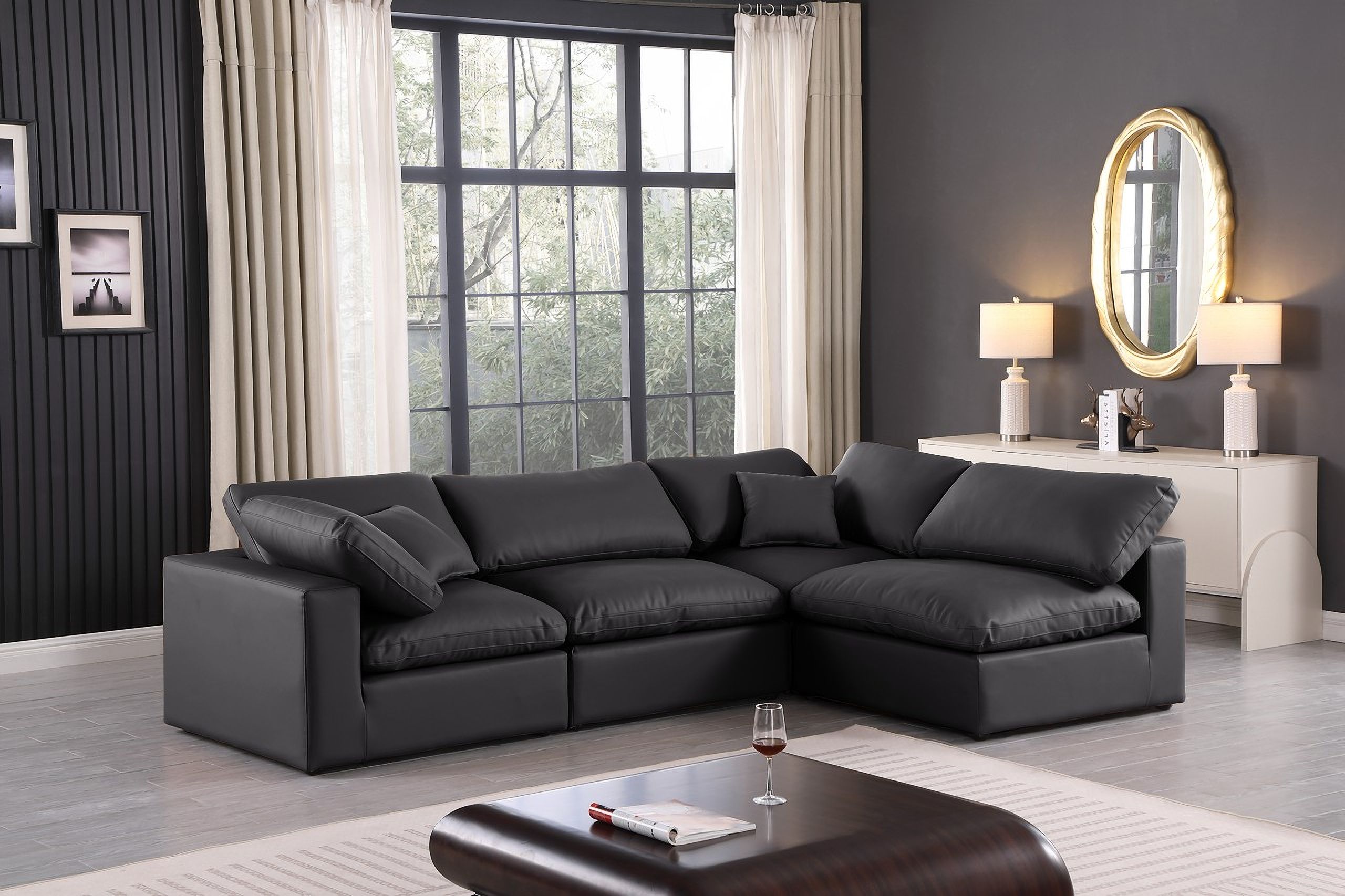 The appearance of Comfy Vegan Leather 4 Piece Modular Sectional In Black designed by Meridian in the modern / contemporary interior design. This black piece of furniture  was selected by 1StopBedrooms from Comfy Collection to add a touch of cosiness and style into your home. Sku: 188Black-Armless;188Black-Armless;188Black-Corner;188Black-Corner. Material: Leather. Layout: Modular.