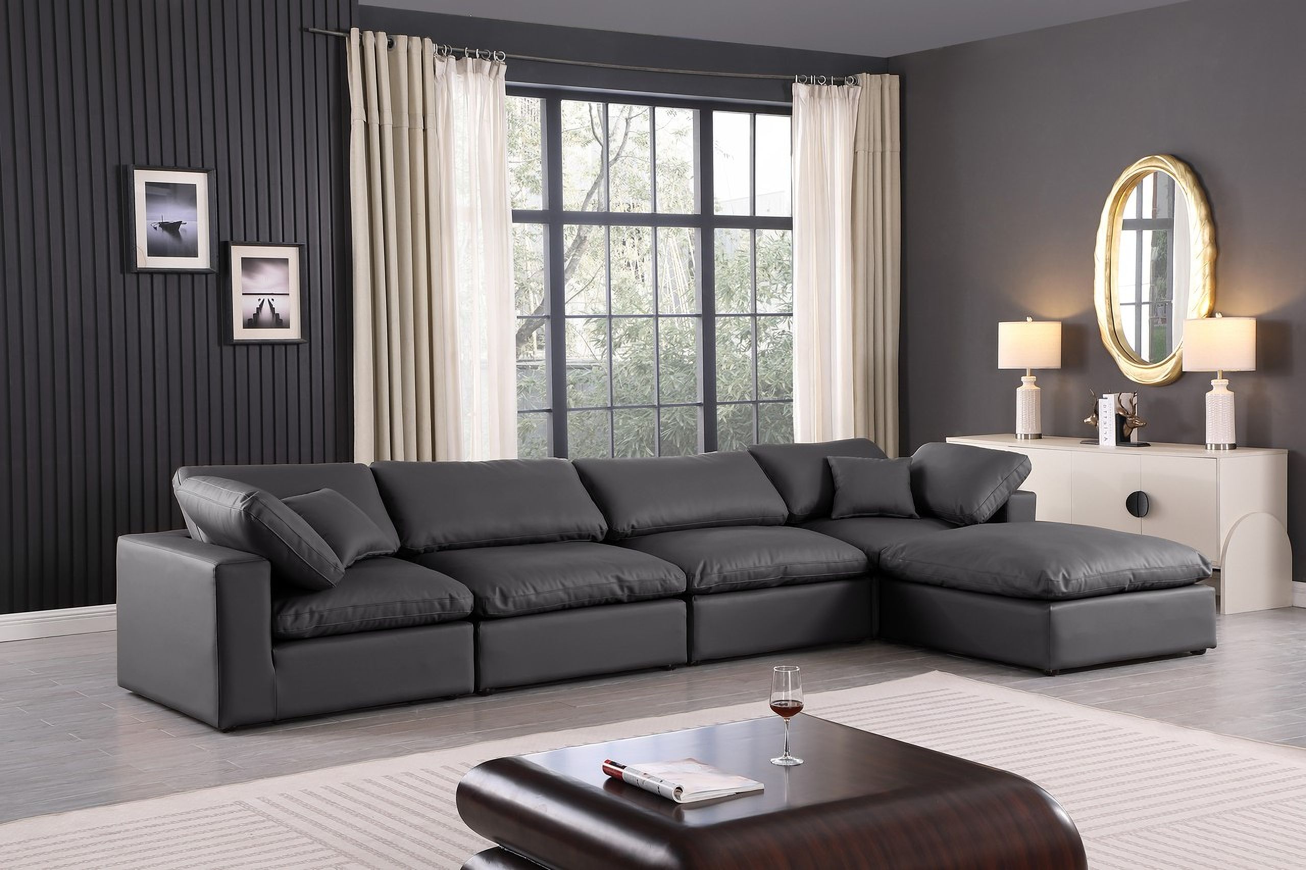The appearance of Comfy Vegan Leather 5 Piece Modular Sectional In Black designed by Meridian in the modern / contemporary interior design. This black piece of furniture  was selected by 1StopBedrooms from Comfy Collection to add a touch of cosiness and style into your home. Sku: 188Black-Armless;188Black-Armless;188Black-Corner;188Black-Corner;188Black-Ott. Material: Leather. Layout: Modular.
