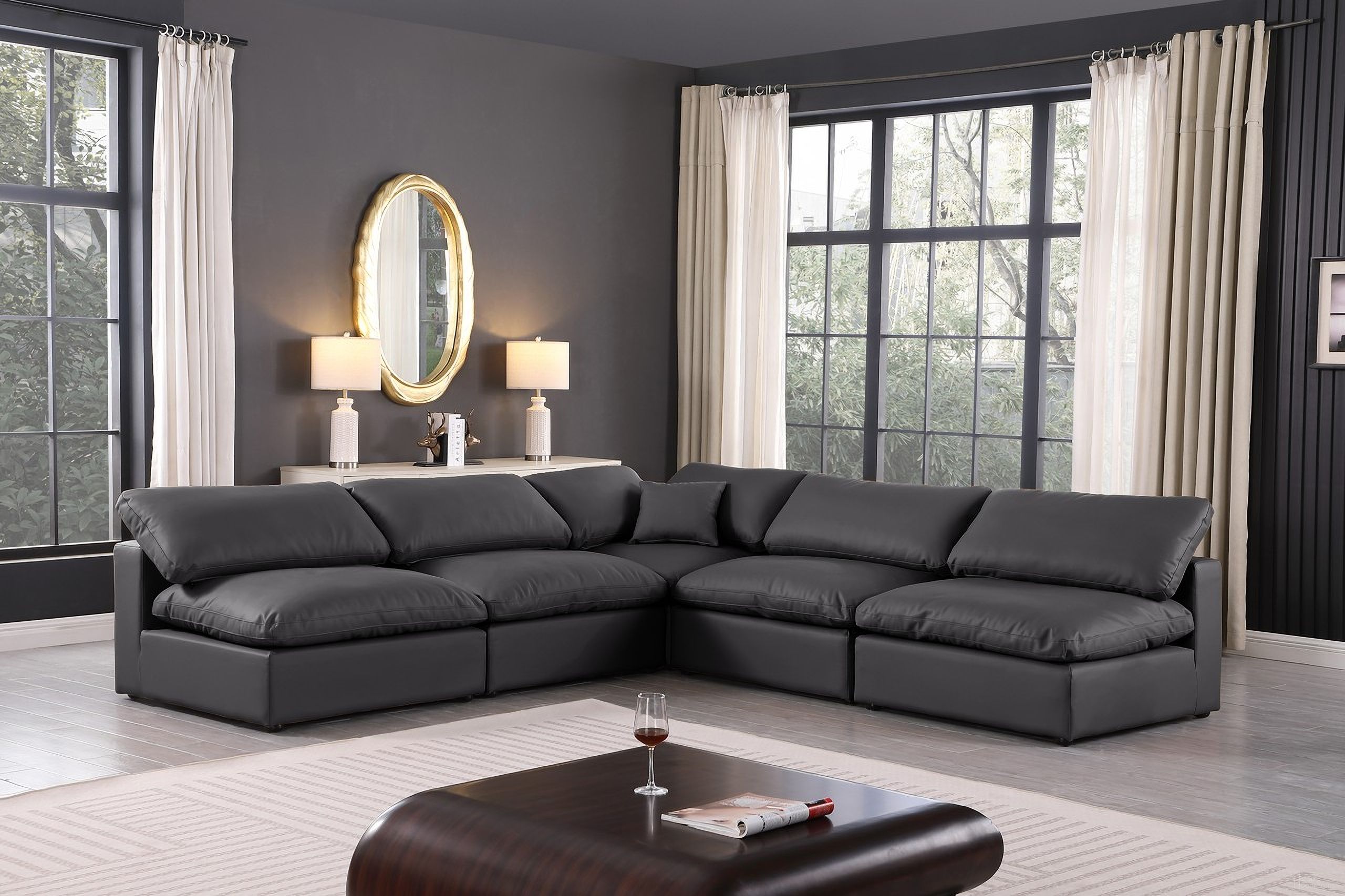 The appearance of Comfy Vegan Leather 5 Piece Modular Sectional In Black designed by Meridian in the modern / contemporary interior design. This black piece of furniture  was selected by 1StopBedrooms from Comfy Collection to add a touch of cosiness and style into your home. Sku: 188Black-Armless;188Black-Armless;188Black-Armless;188Black-Armless;188Black-Corner. Material: Leather. Layout: Modular.