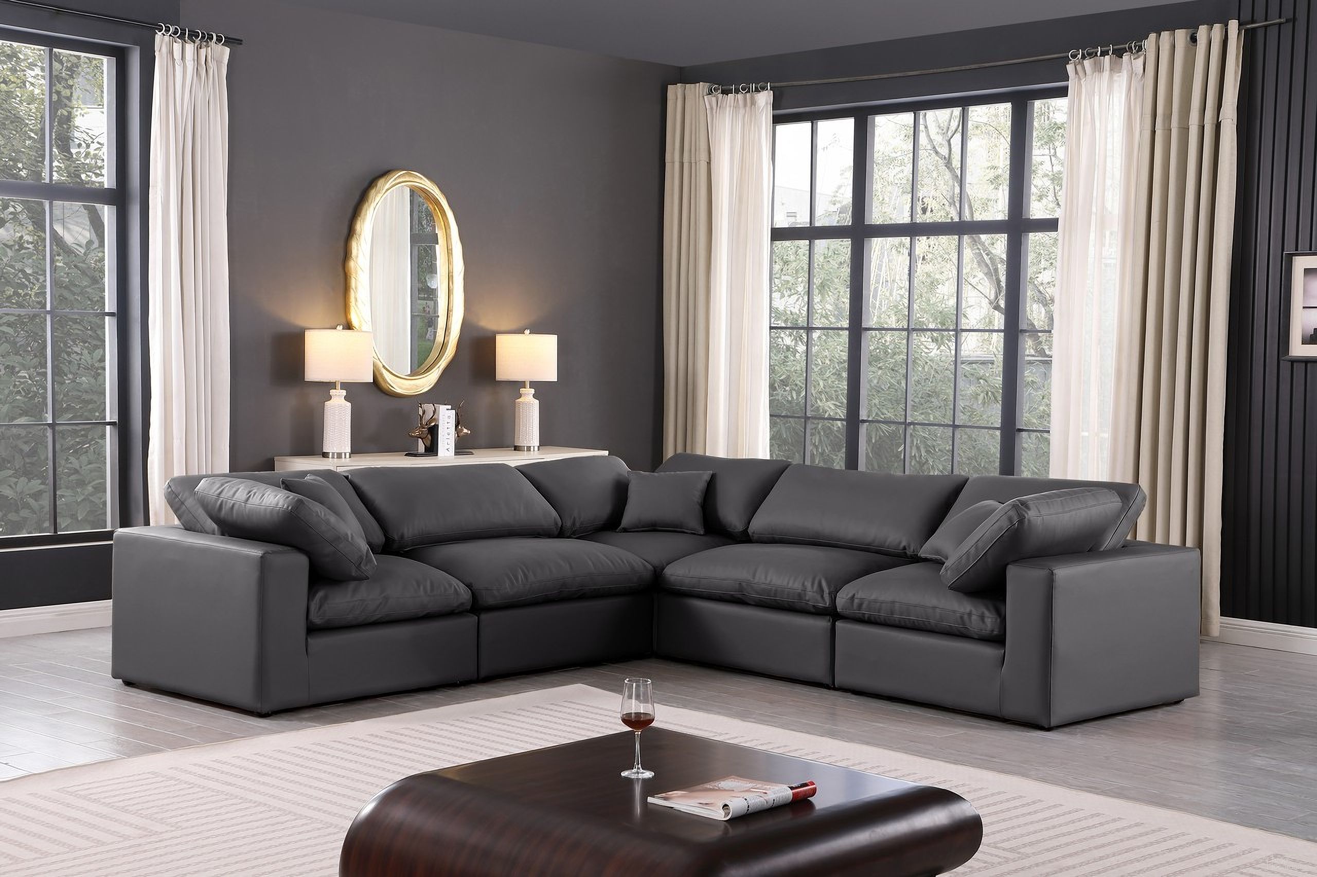The appearance of Comfy Vegan Leather 5 Piece Modular Sectional In Black designed by Meridian in the modern / contemporary interior design. This black piece of furniture  was selected by 1StopBedrooms from Comfy Collection to add a touch of cosiness and style into your home. Sku: 188Black-Armless;188Black-Armless;188Black-Corner;188Black-Corner;188Black-Corner. Material: Leather. Layout: Modular.