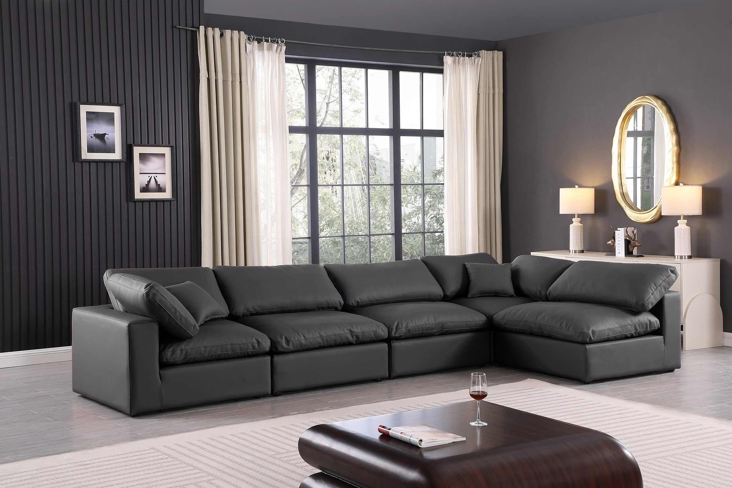 The appearance of Comfy Vegan Leather 5 Piece Modular Sectional In Black designed by Meridian in the modern / contemporary interior design. This black piece of furniture  was selected by 1StopBedrooms from Comfy Collection to add a touch of cosiness and style into your home. Sku: 188Black-Armless;188Black-Armless;188Black-Armless;188Black-Corner;188Black-Corner. Material: Leather. Layout: Modular.