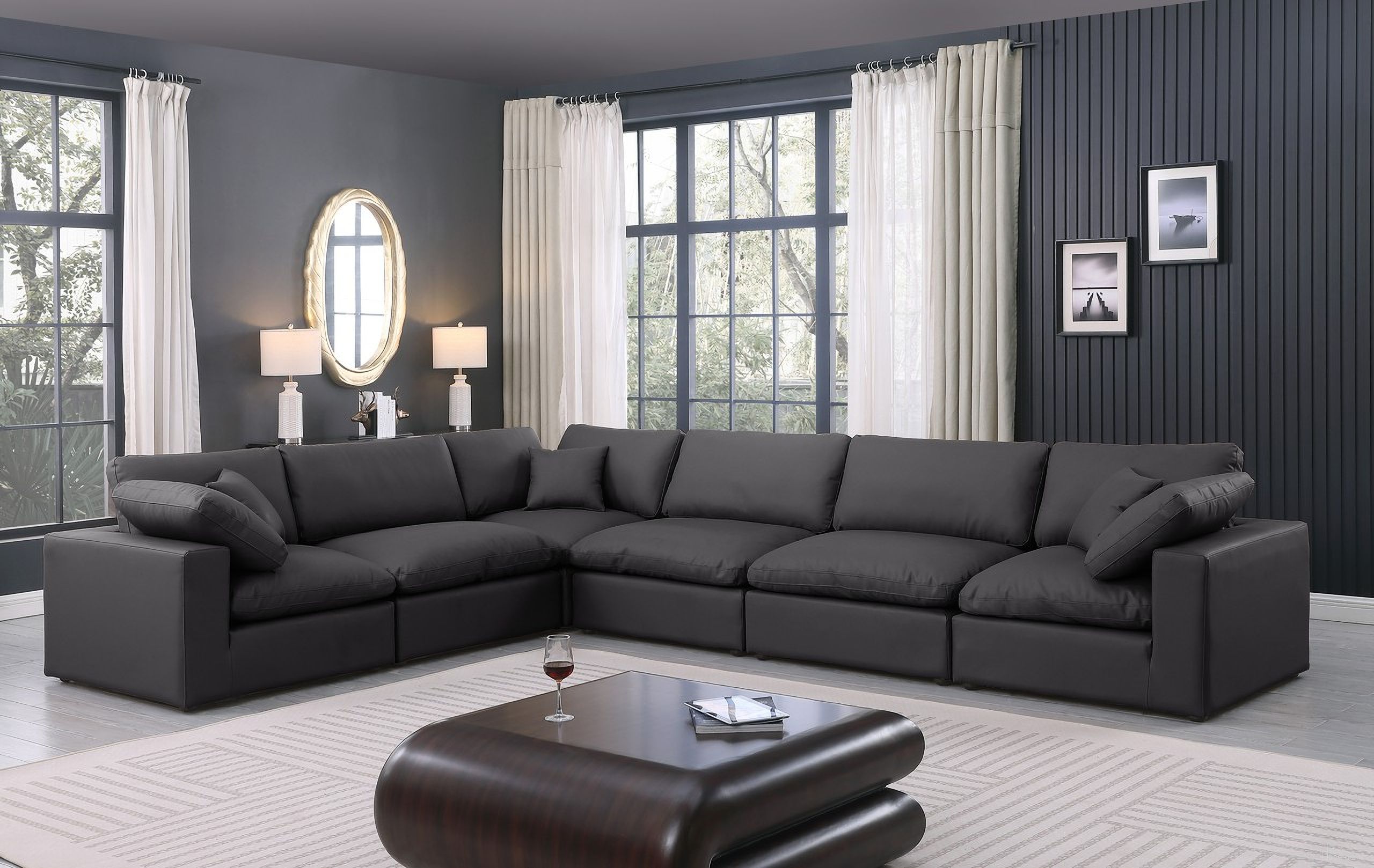 The appearance of Comfy Vegan Leather 6 Piece Modular Sectional In Black designed by Meridian in the modern / contemporary interior design. This black piece of furniture  was selected by 1StopBedrooms from Comfy Collection to add a touch of cosiness and style into your home. Sku: 188Black-Armless;188Black-Armless;188Black-Armless;188Black-Corner;188Black-Corner;188Black-Corner. Material: Leather. Layout: Modular.