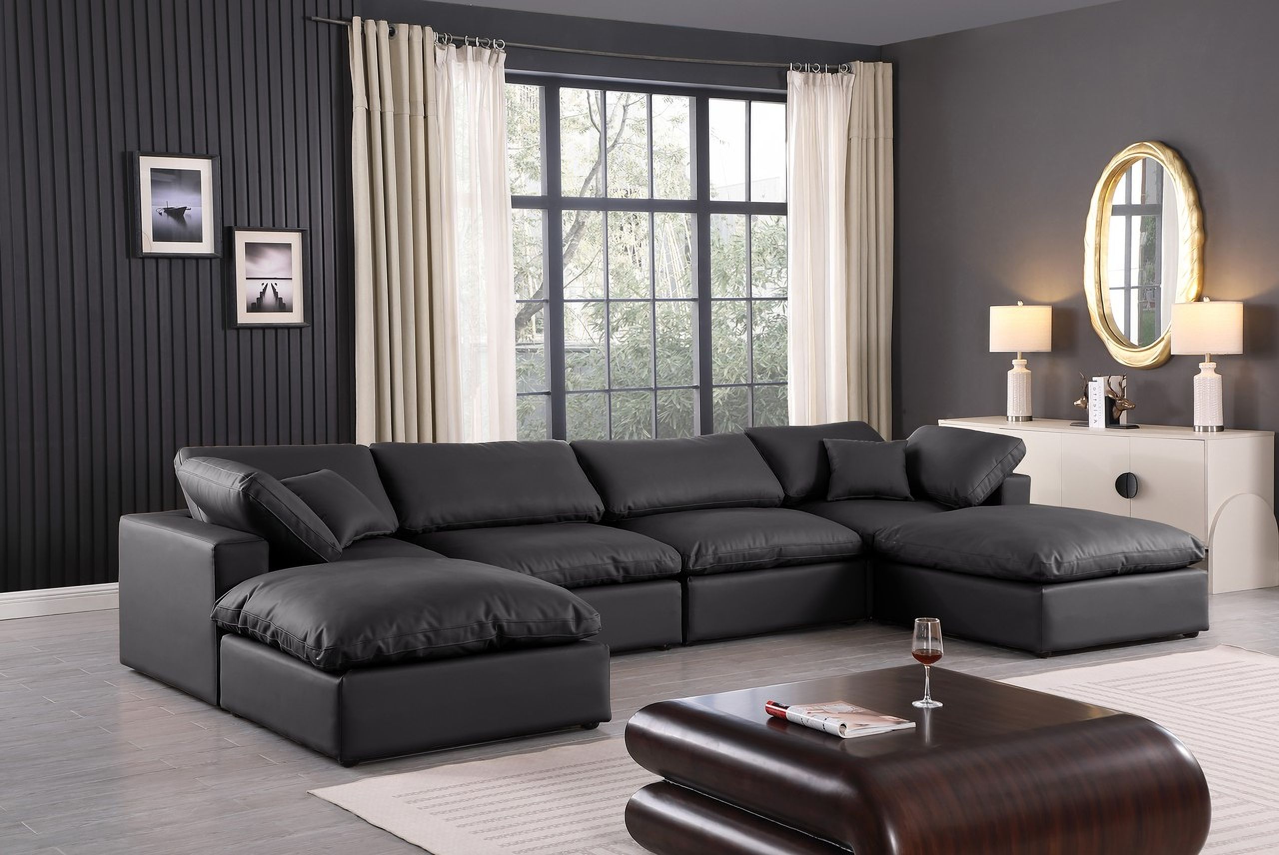 The appearance of Comfy Vegan Leather 6 Piece Modular Sectional In Black designed by Meridian in the modern / contemporary interior design. This black piece of furniture  was selected by 1StopBedrooms from Comfy Collection to add a touch of cosiness and style into your home. Sku: 188Black-Armless;188Black-Armless;188Black-Corner;188Black-Corner;188Black-Ott;188Black-Ott. Material: Leather. Layout: Modular.