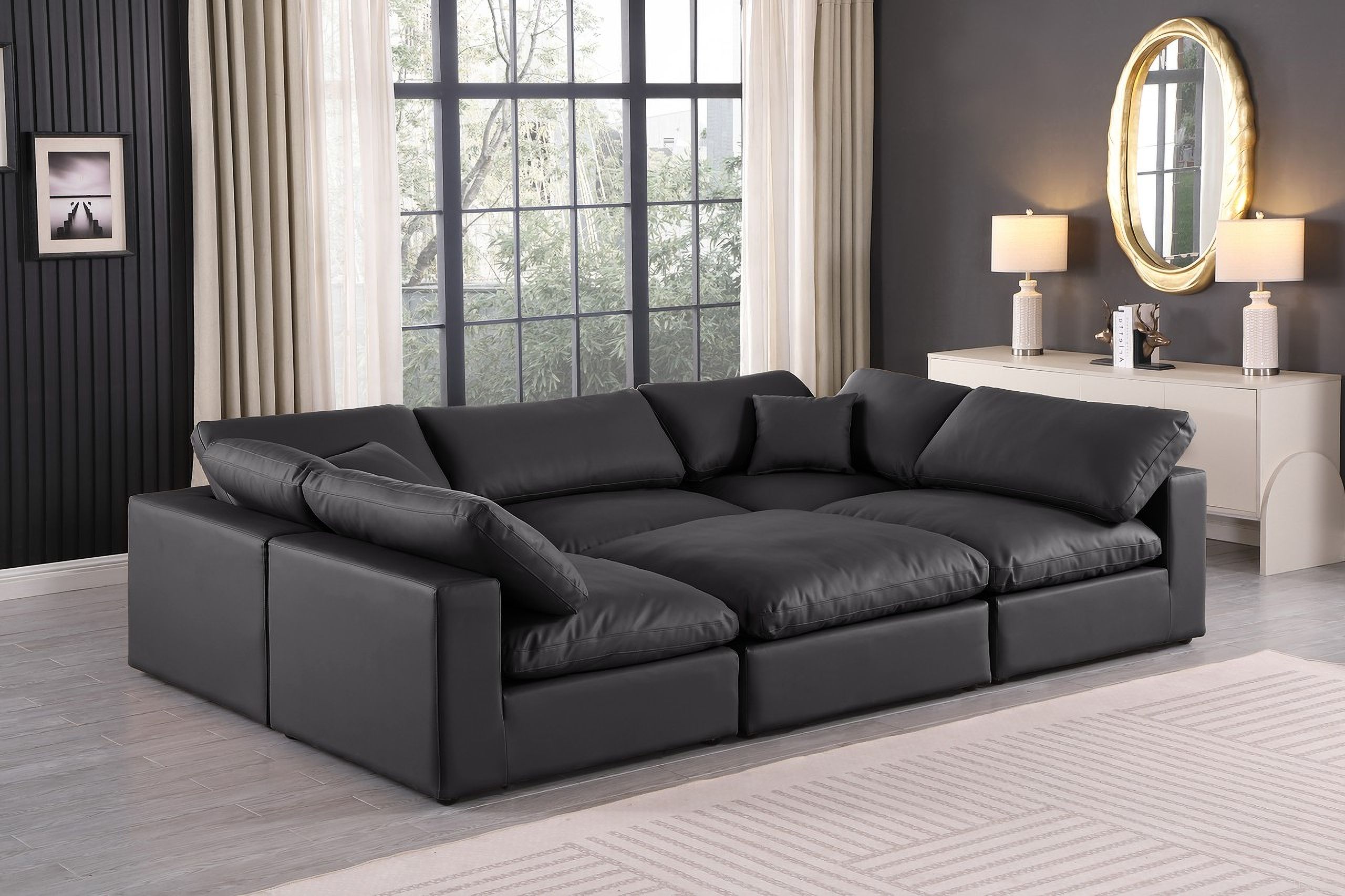 The appearance of Comfy Vegan Leather 6 Piece Modular Sectional In Black designed by Meridian in the modern / contemporary interior design. This black piece of furniture was selected by 1StopBedrooms from Comfy Collection to add a touch of cosiness and style into your home. Sku: 188Black-Armless;188Black-Armless;188Black-Armless;188Black-Corner;188Black-Corner;188Black-Ott. Material: Leather. Layout: Modular.