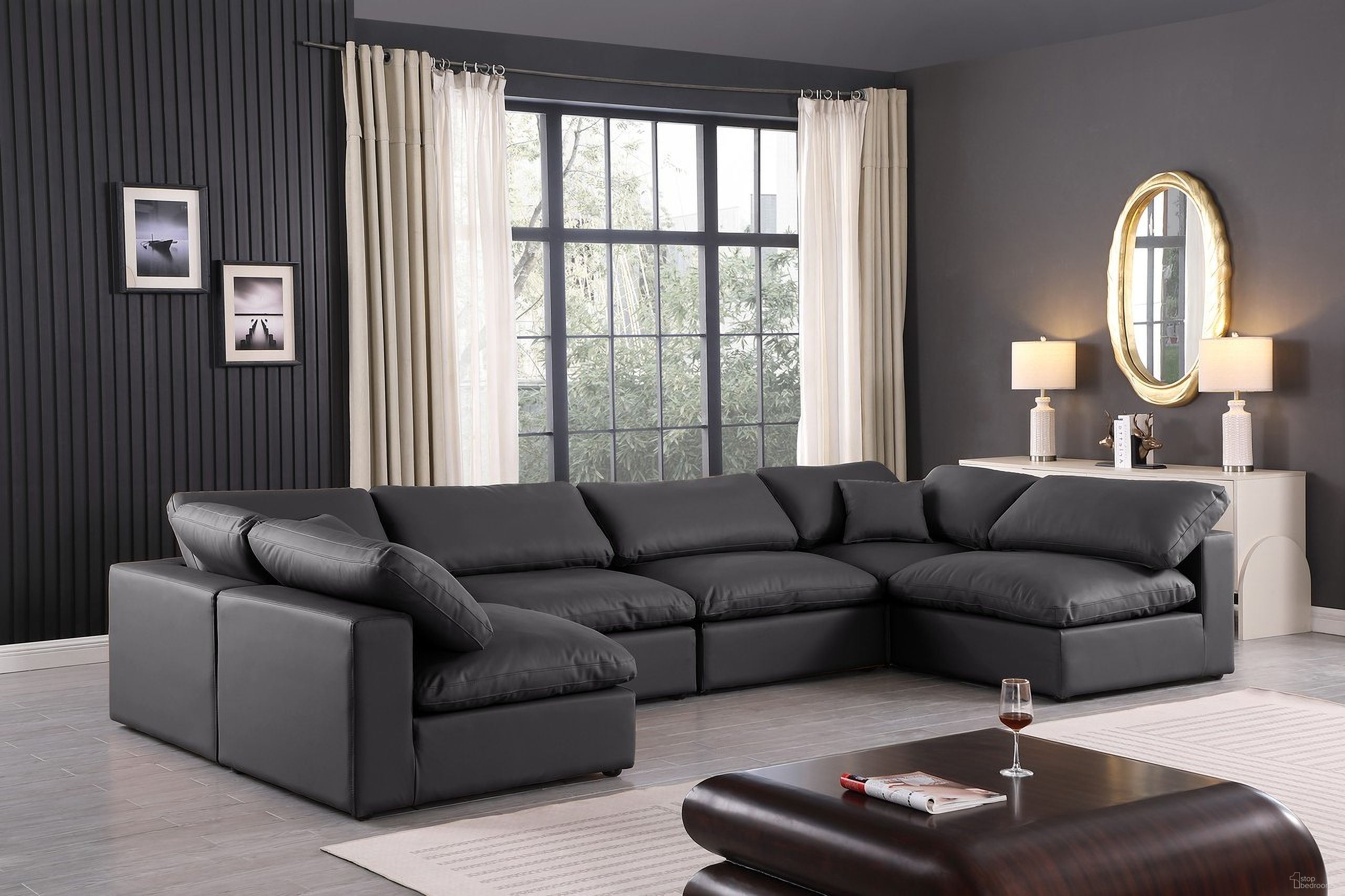 The appearance of Comfy Vegan Leather 6 Piece Modular Sectional In Black designed by Meridian in the modern / contemporary interior design. This black piece of furniture  was selected by 1StopBedrooms from Comfy Collection to add a touch of cosiness and style into your home. Sku: 188Black-Armless;188Black-Armless;188Black-Armless;188Black-Armless;188Black-Corner;188Black-Corner. Material: Leather. Layout: Modular.