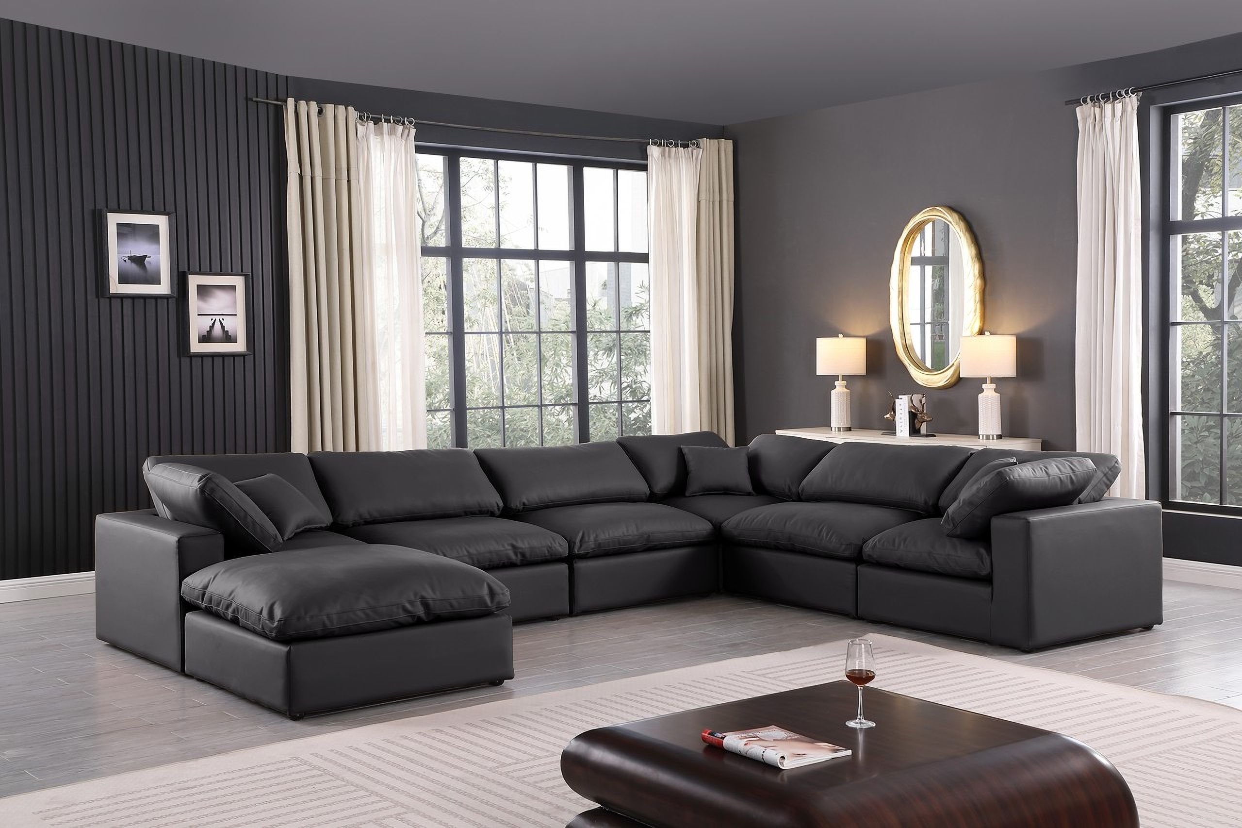 The appearance of Comfy Vegan Leather 7 Piece Modular Sectional In Black designed by Meridian in the modern / contemporary interior design. This black piece of furniture  was selected by 1StopBedrooms from Comfy Collection to add a touch of cosiness and style into your home. Sku: 188Black-Armless;188Black-Armless;188Black-Armless;188Black-Corner;188Black-Corner;188Black-Corner;188Black-Ott. Material: Leather. Layout: Modular.