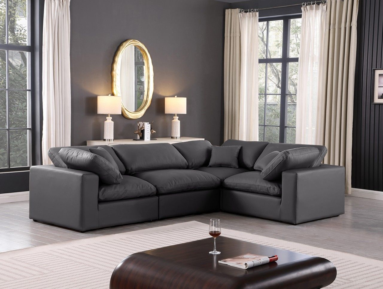 The appearance of Comfy Vegan Leather 4 Piece Modular Sectional In Black designed by Meridian in the modern / contemporary interior design. This black piece of furniture  was selected by 1StopBedrooms from Comfy Collection to add a touch of cosiness and style into your home. Sku: 188Black-Armless;188Black-Corner;188Black-Corner;188Black-Corner. Material: Leather.