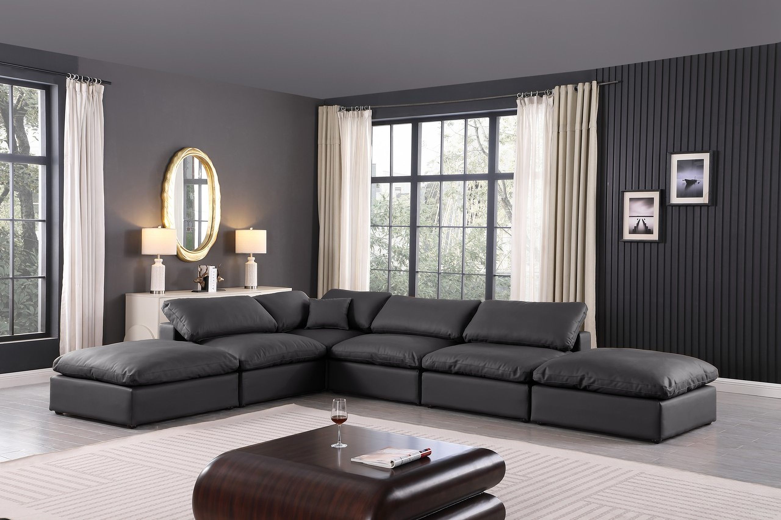 The appearance of Comfy Vegan Leather 6 Piece Modular Sectional In Black designed by Meridian in the modern / contemporary interior design. This black piece of furniture  was selected by 1StopBedrooms from Comfy Collection to add a touch of cosiness and style into your home. Sku: 188Black-Armless;188Black-Armless;188Black-Armless;188Black-Corner;188Black-Ott;188Black-Ott. Material: Leather. Layout: Modular.