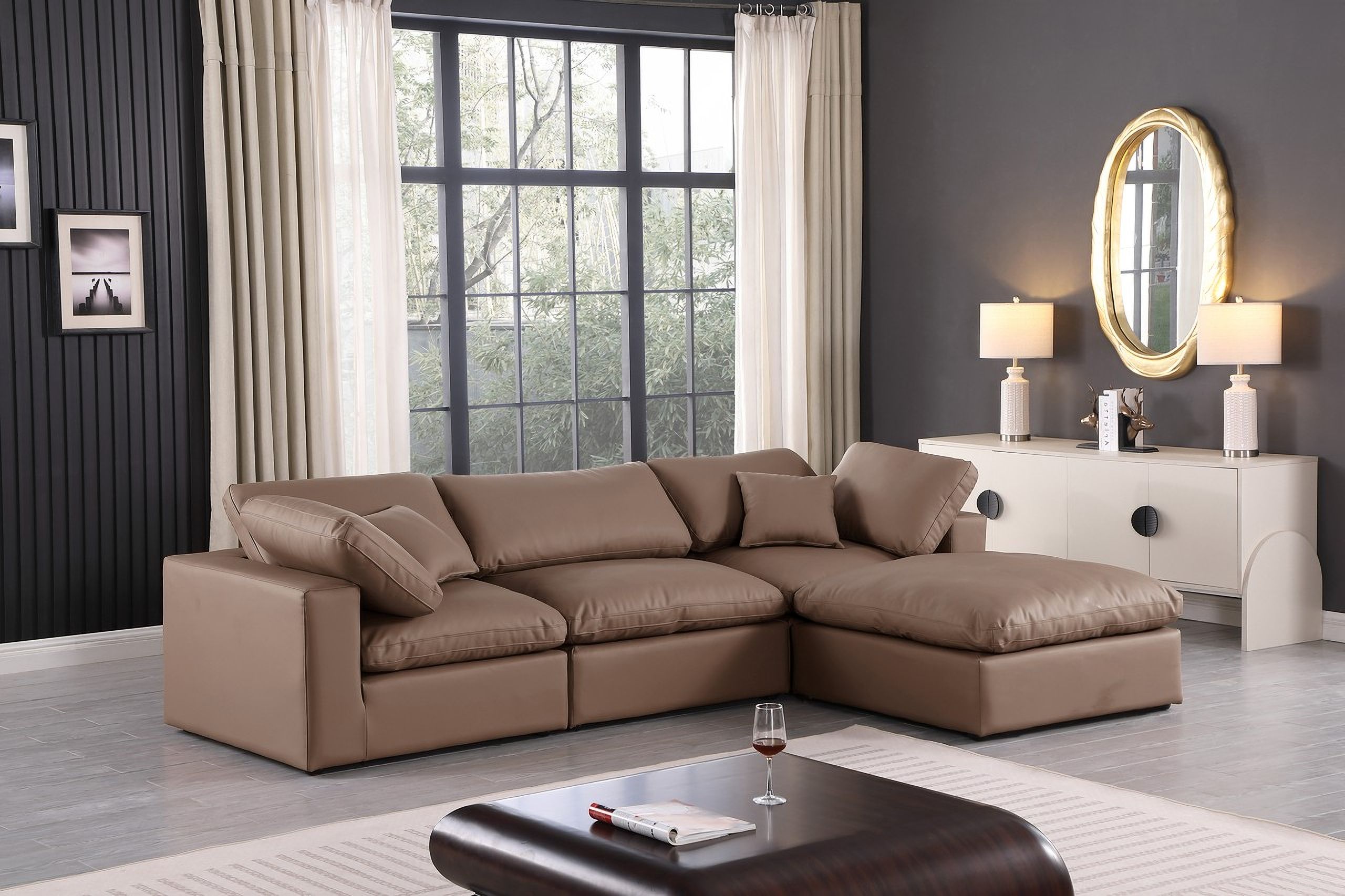 The appearance of Comfy Vegan Leather 4 Piece Modular Sectional In Brown designed by Meridian in the modern / contemporary interior design. This brown piece of furniture was selected by 1StopBedrooms from Comfy Collection to add a touch of cosiness and style into your home. Sku: 188Brown-Armless;188Brown-Corner;188Brown-Corner;188Brown-Ott. Material: Leather. Layout: Modular.