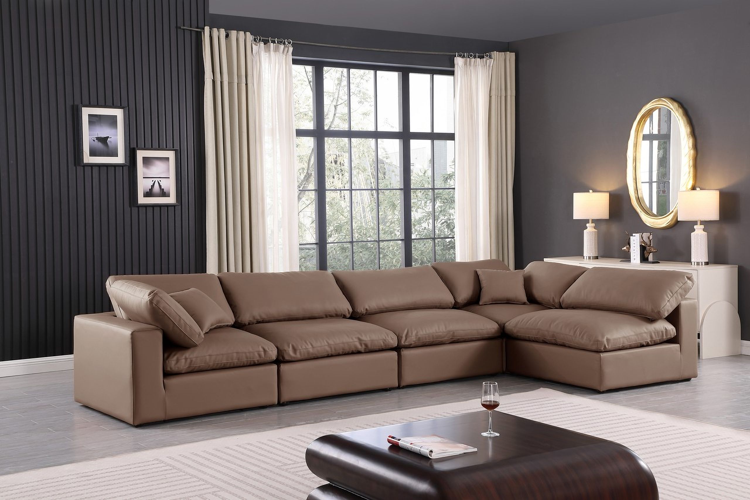 The appearance of Comfy Vegan Leather 5 Piece Modular Sectional In Brown designed by Meridian in the modern / contemporary interior design. This brown piece of furniture was selected by 1StopBedrooms from Comfy Collection to add a touch of cosiness and style into your home. Sku: 188Brown-Armless;188Brown-Armless;188Brown-Armless;188Brown-Corner;188Brown-Corner. Material: Leather. Layout: Modular.