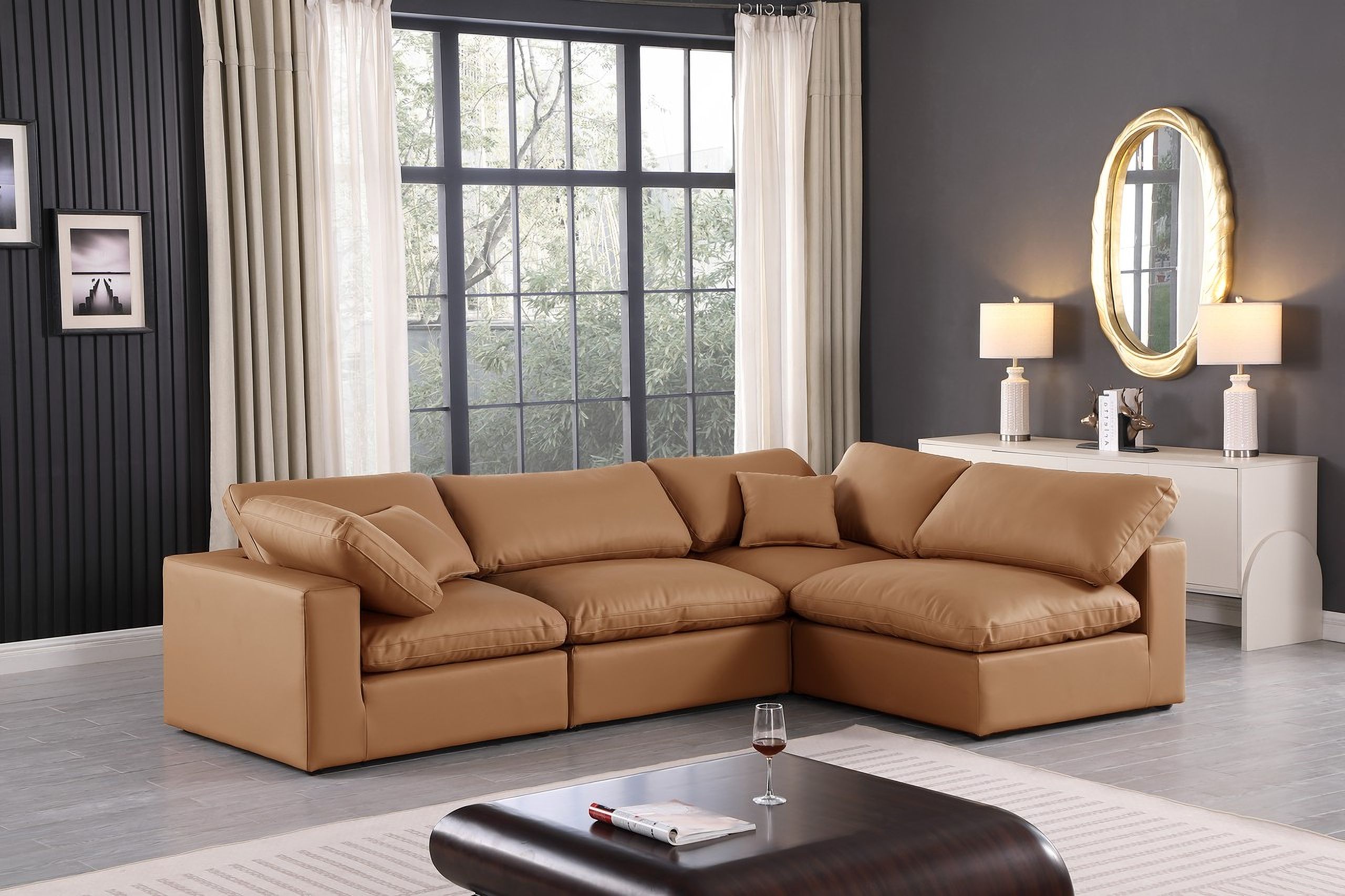 The appearance of Comfy Vegan Leather 4 Piece Modular Sectional In Cognac designed by Meridian in the modern / contemporary interior design. This cognac piece of furniture was selected by 1StopBedrooms from Comfy Collection to add a touch of cosiness and style into your home. Sku: 188Cognac-Armless;188Cognac-Armless;188Cognac-Corner;188Cognac-Corner. Material: Leather. Layout: Modular.