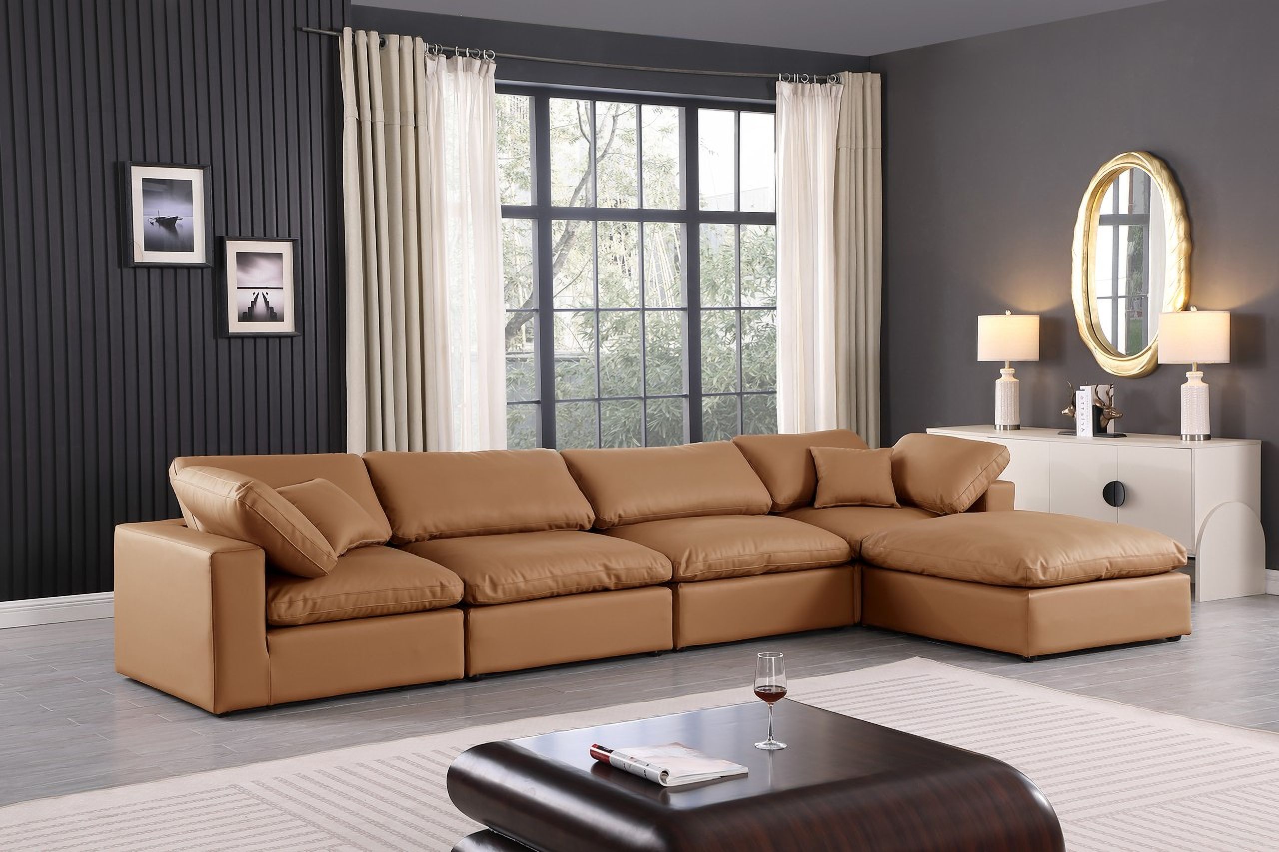 Comfy Vegan Leather 5 Piece Modular Sectional In Cognac