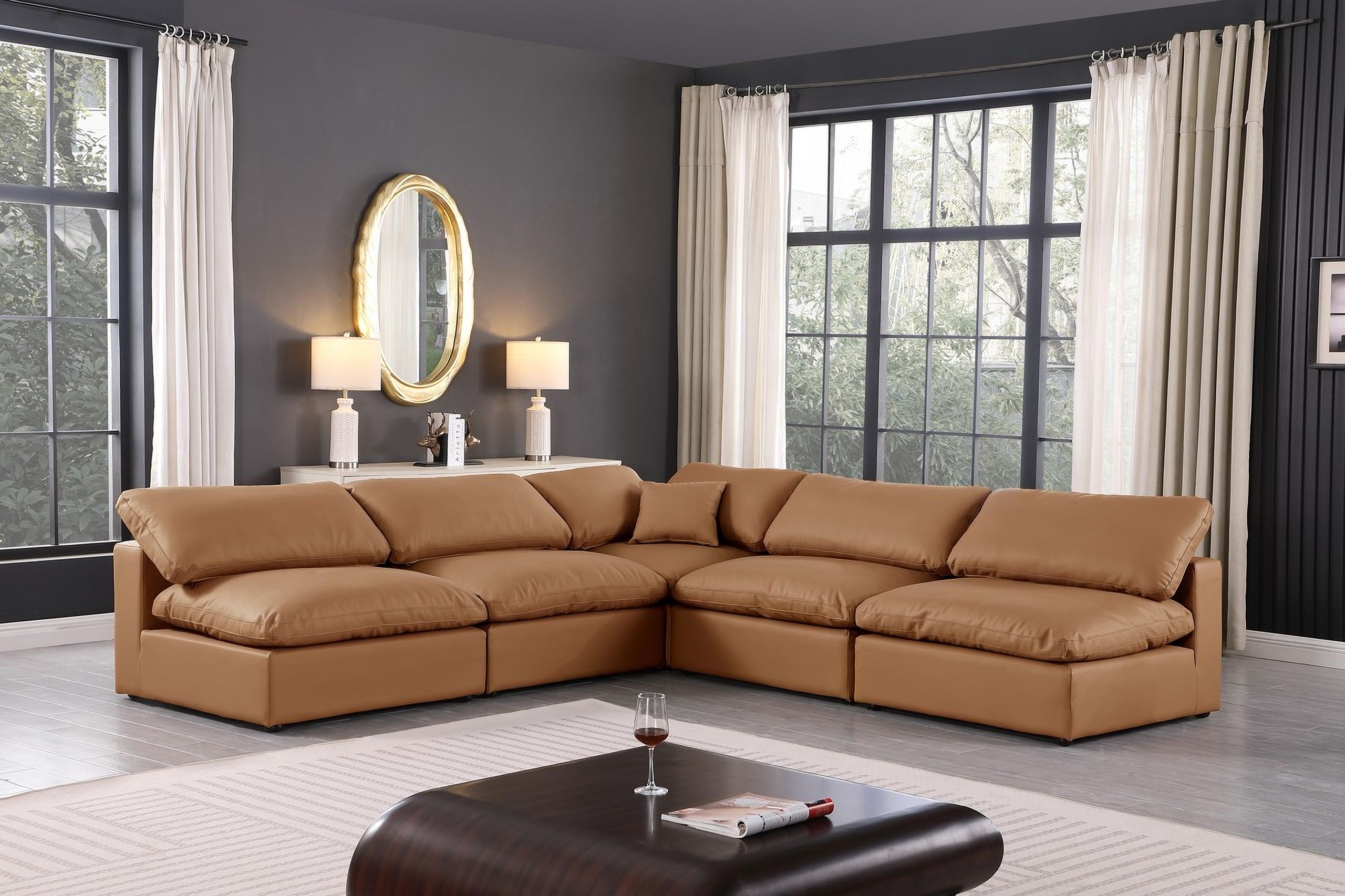 The appearance of Comfy Vegan Leather 5 Piece Modular Sectional In Cognac designed by Meridian in the modern / contemporary interior design. This cognac piece of furniture was selected by 1StopBedrooms from Comfy Collection to add a touch of cosiness and style into your home. Sku: 188Cognac-Armless;188Cognac-Armless;188Cognac-Armless;188Cognac-Armless;188Cognac-Corner. Material: Leather. Layout: Modular.