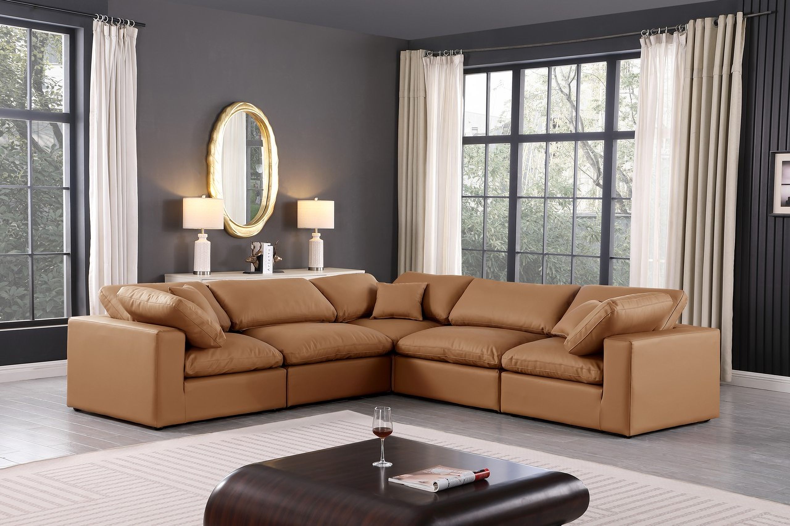 The appearance of Comfy Vegan Leather 5 Piece Modular Sectional In Cognac designed by Meridian in the modern / contemporary interior design. This cognac piece of furniture was selected by 1StopBedrooms from Comfy Collection to add a touch of cosiness and style into your home. Sku: 188Cognac-Armless;188Cognac-Armless;188Cognac-Corner;188Cognac-Corner;188Cognac-Corner. Material: Leather. Layout: Modular.