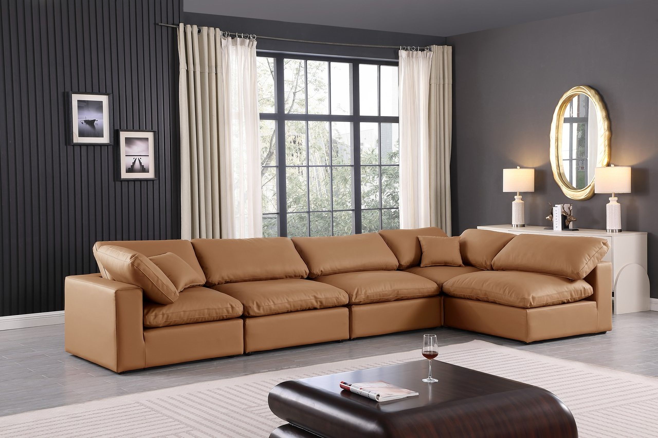 The appearance of Comfy Vegan Leather 5 Piece Modular Sectional In Cognac designed by Meridian in the modern / contemporary interior design. This cognac piece of furniture  was selected by 1StopBedrooms from Comfy Collection to add a touch of cosiness and style into your home. Sku: 188Cognac-Armless;188Cognac-Armless;188Cognac-Armless;188Cognac-Corner;188Cognac-Corner. Material: Leather. Layout: Modular.