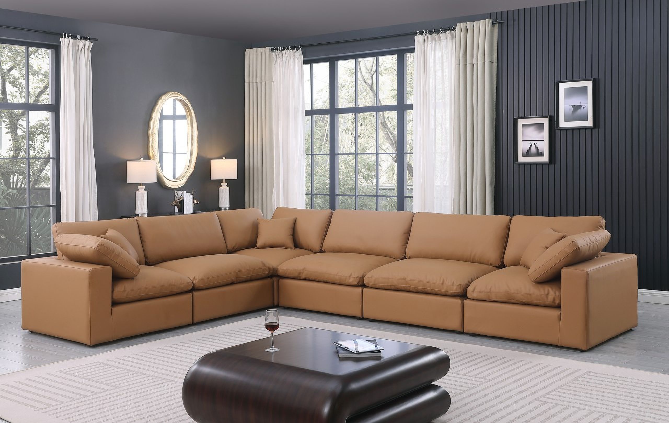 Comfy Vegan Leather 6 Piece Modular Sectional In Cognac