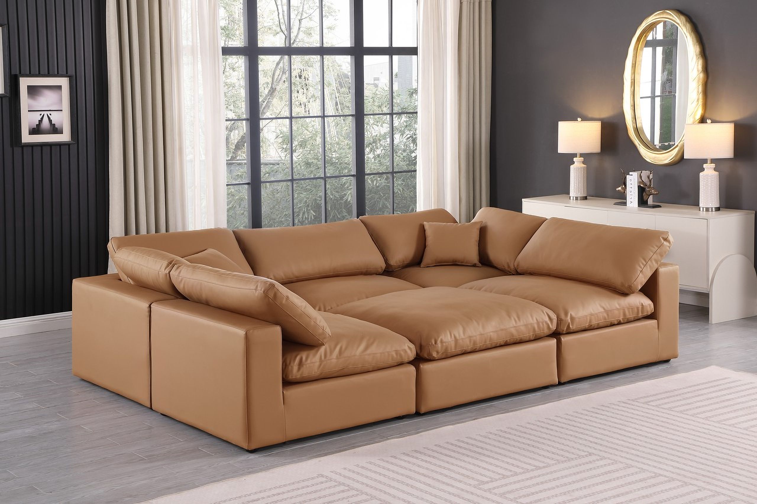 Comfy Vegan Leather 6 Piece Modular Sectional In Cognac