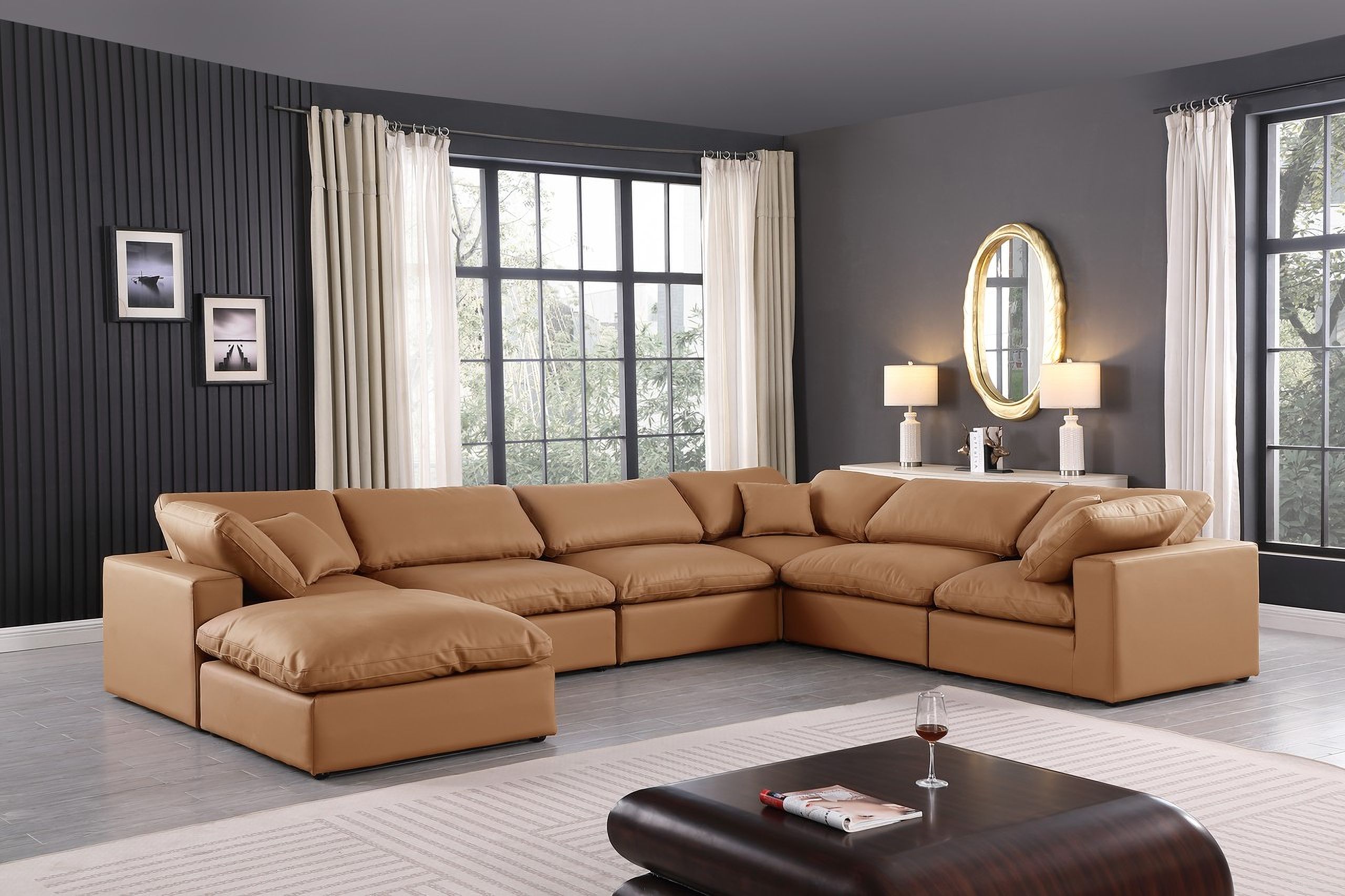 Comfy Vegan Leather 7 Piece Modular Sectional In Cognac