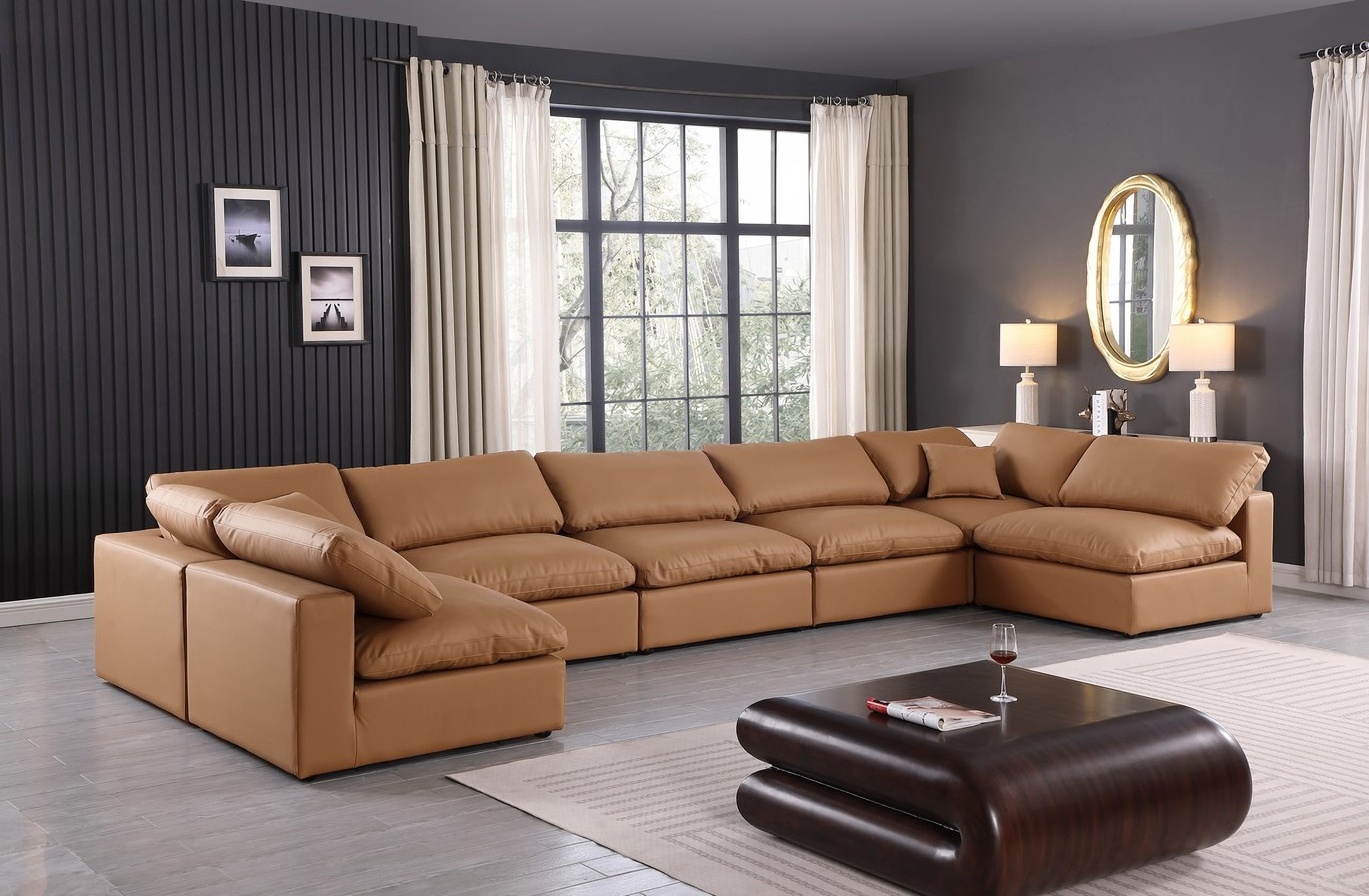 Comfy Vegan Leather 7 Piece Modular Sectional In Cognac
