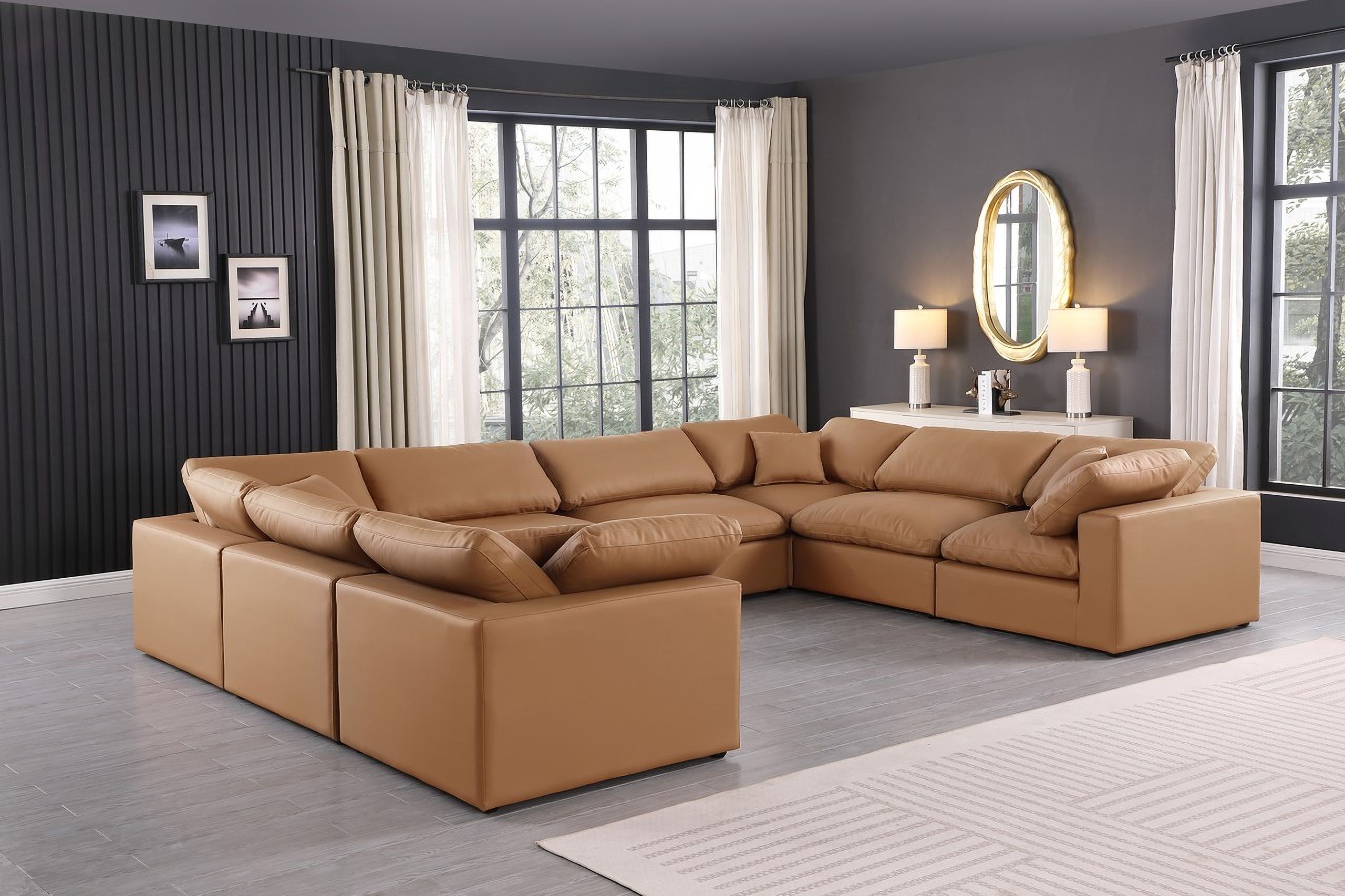 Comfy Vegan Leather 8 Piece Modular Sectional In Cognac and Espresso