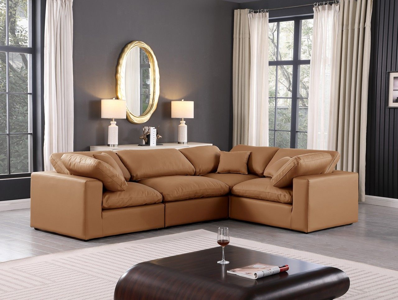 The appearance of Comfy Vegan Leather 4 Piece Modular Sectional In Cognac designed by Meridian in the modern / contemporary interior design. This cognac piece of furniture  was selected by 1StopBedrooms from Comfy Collection to add a touch of cosiness and style into your home. Sku: 188Cognac-Armless;188Cognac-Corner;188Cognac-Corner;188Cognac-Corner. Material: Leather.