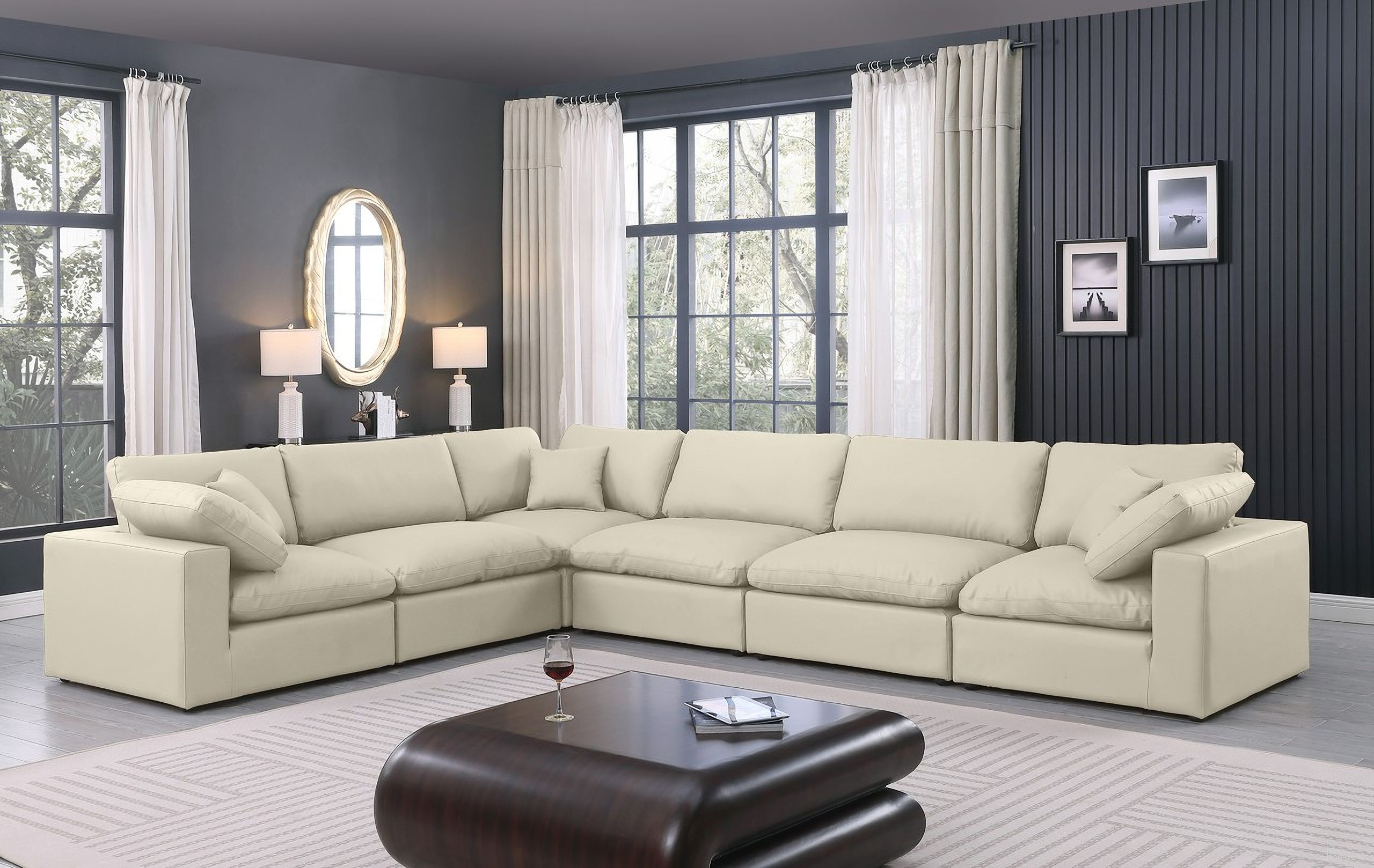The appearance of Comfy Vegan Leather 6 Piece Modular Sectional In Cream designed by Meridian in the modern / contemporary interior design. This cream piece of furniture was selected by 1StopBedrooms from Comfy Collection to add a touch of cosiness and style into your home. Sku: 188Cream-Armless;188Cream-Armless;188Cream-Armless;188Cream-Corner;188Cream-Corner;188Cream-Corner. Material: Leather. Layout: Modular.