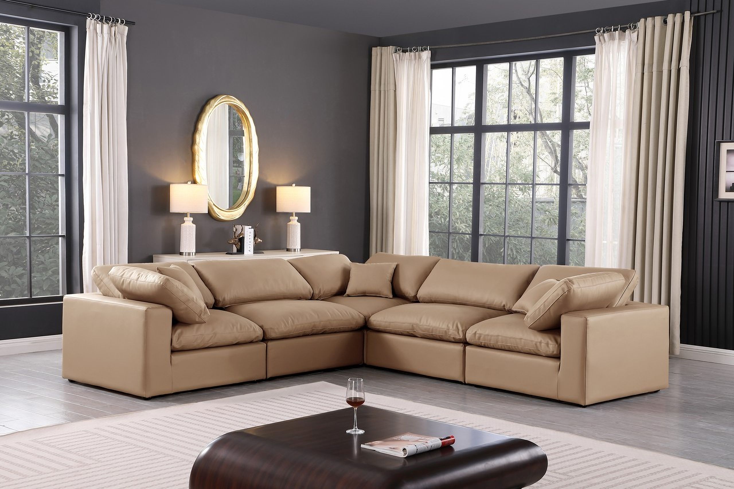 Comfy Vegan Leather 5 Piece Modular Sectional In Tan