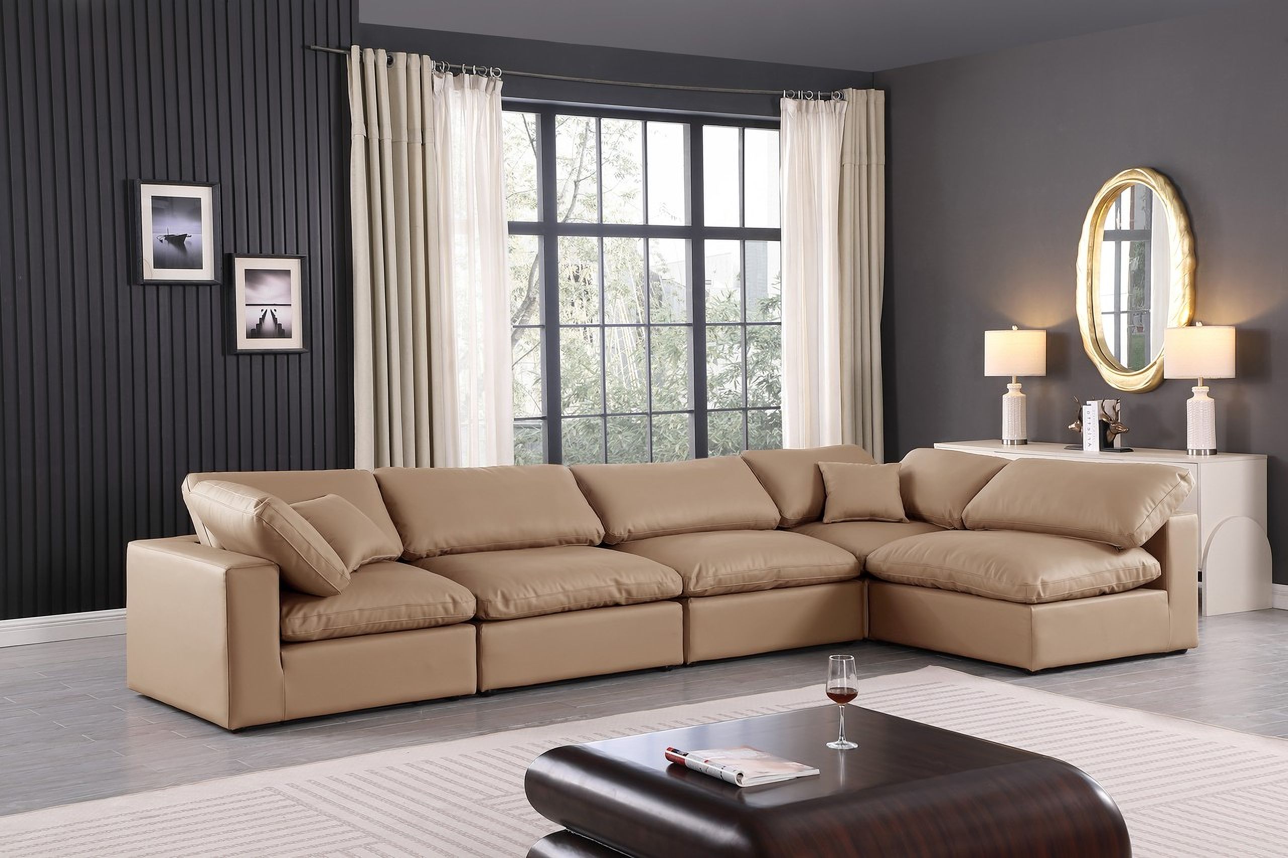 Comfy Vegan Leather 5 Piece Modular Sectional In Tan