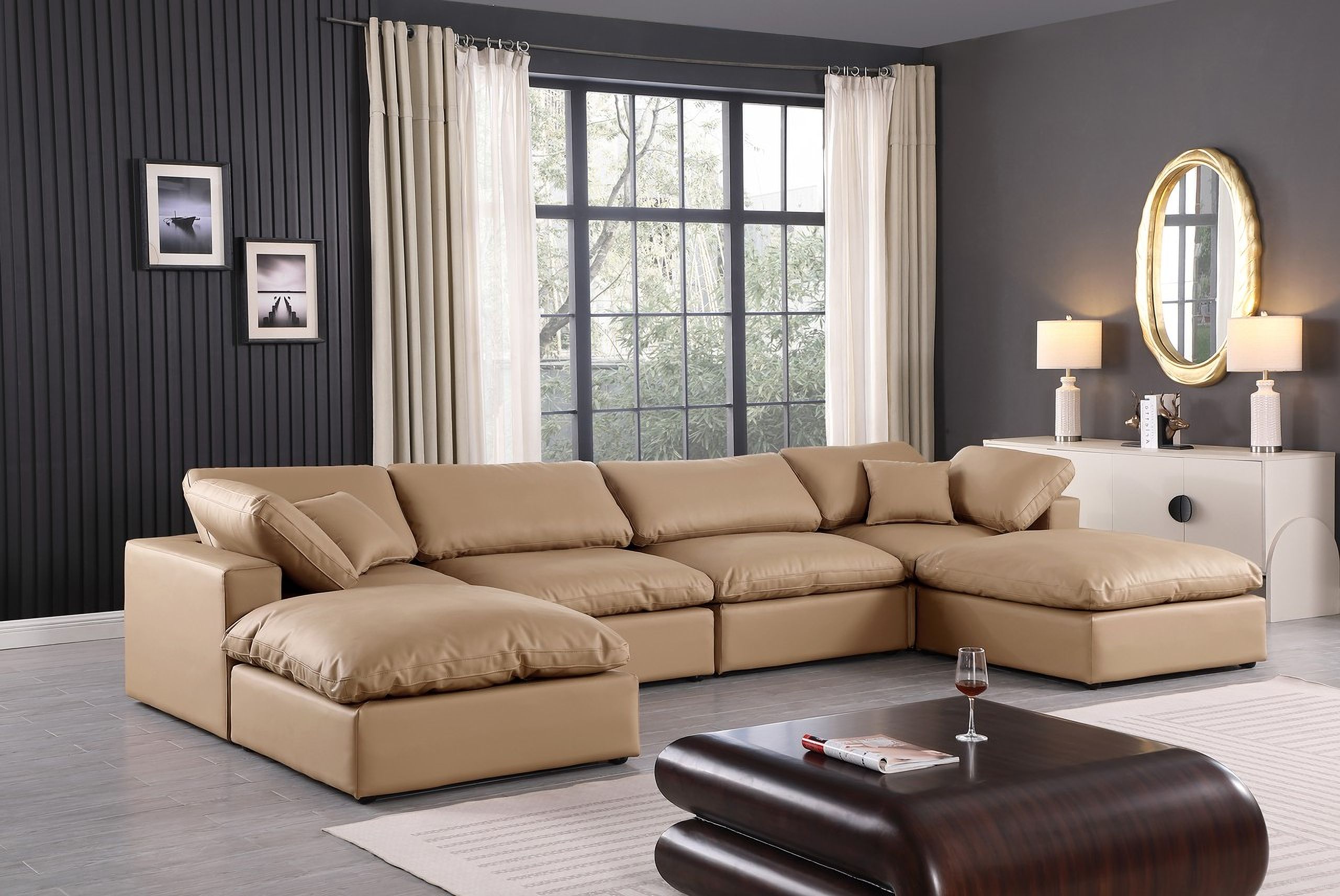 Comfy Vegan Leather 6 Piece Modular Sectional In Tan