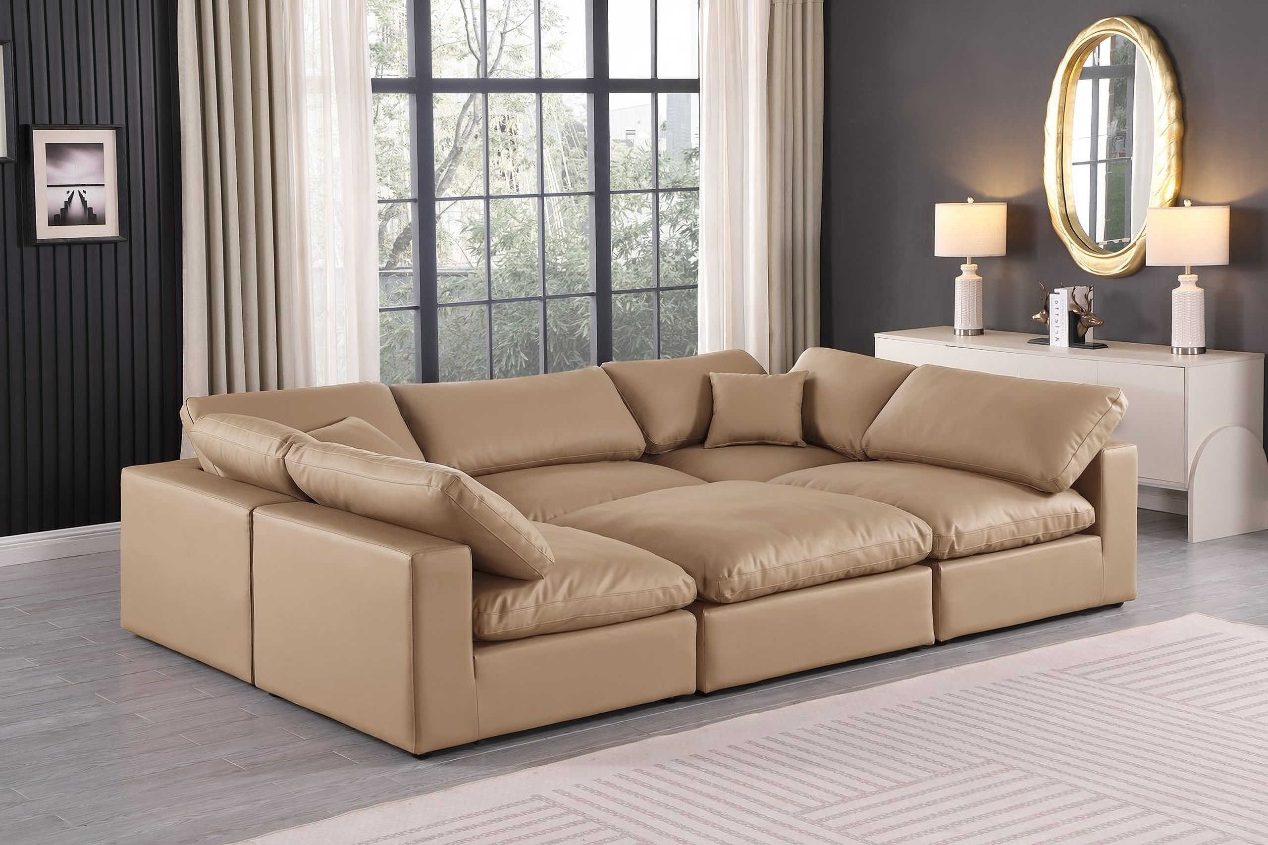 Comfy Vegan Leather 6 Piece Modular Sectional In Tan