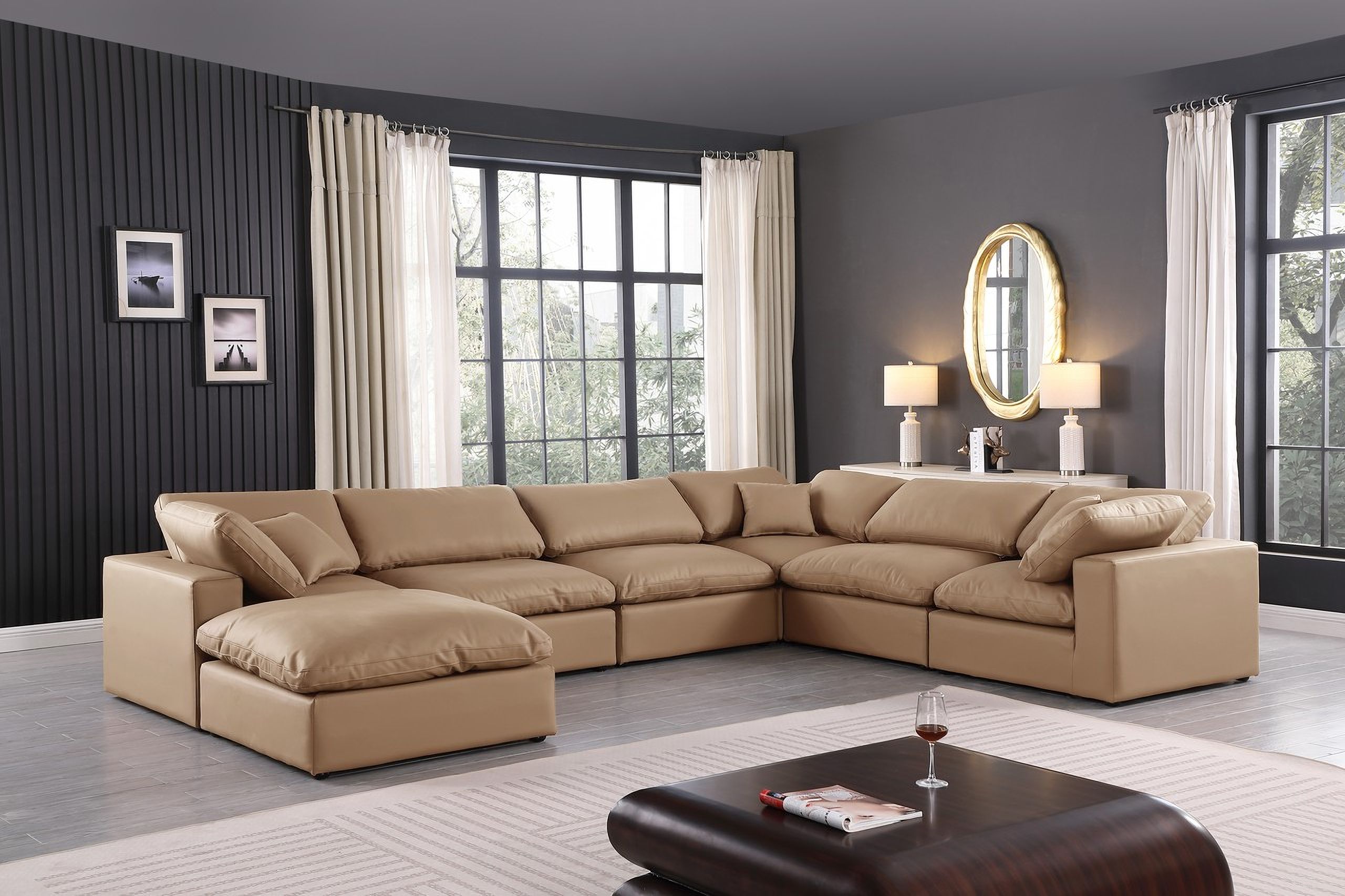 Comfy Vegan Leather 7 Piece Modular Sectional In Tan