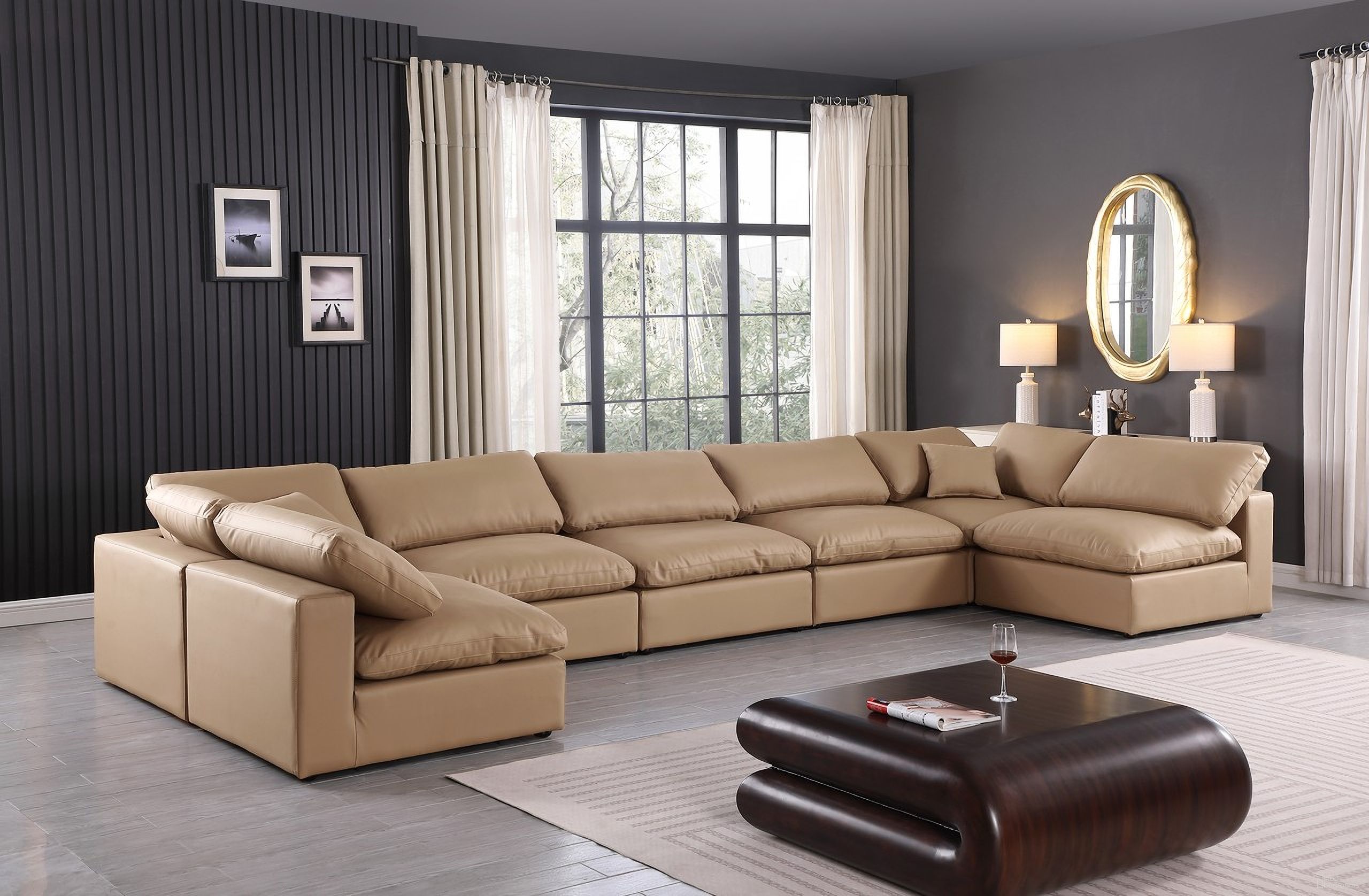 Comfy Vegan Leather 7 Piece Modular Sectional In Tan