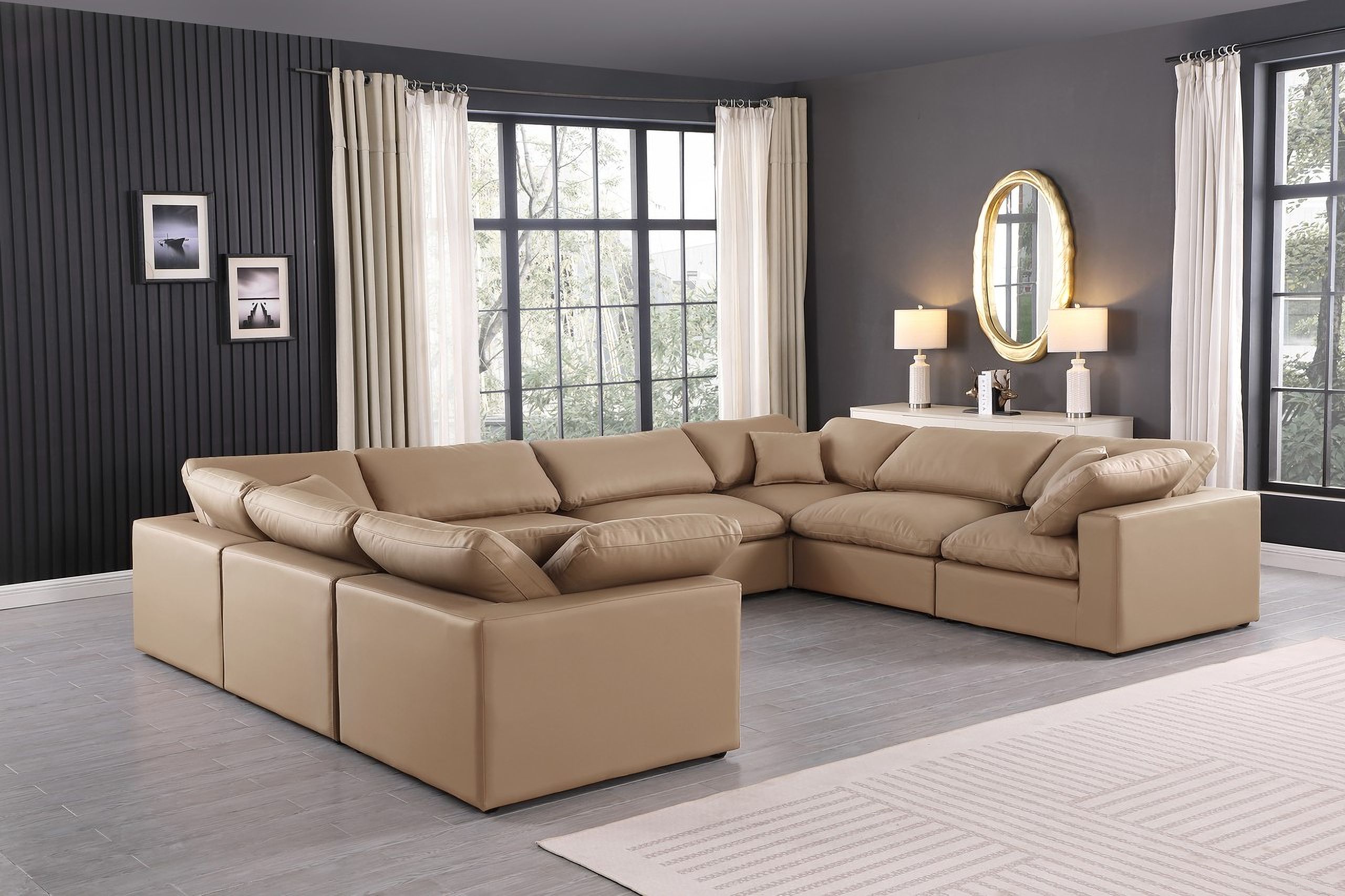 The appearance of Comfy Vegan Leather 8 Piece Modular Sectional In Tan and Espresso designed by Meridian in the modern / contemporary interior design. This tan piece of furniture  was selected by 1StopBedrooms from Comfy Collection to add a touch of cosiness and style into your home. Sku: 188Tan-Armless;188Tan-Armless;188Tan-Armless;188Tan-Armless;188Tan-Corner;188Tan-Corner;188Tan-Corner;188Tan-Corner. Material: Leather. Layout: Modular.