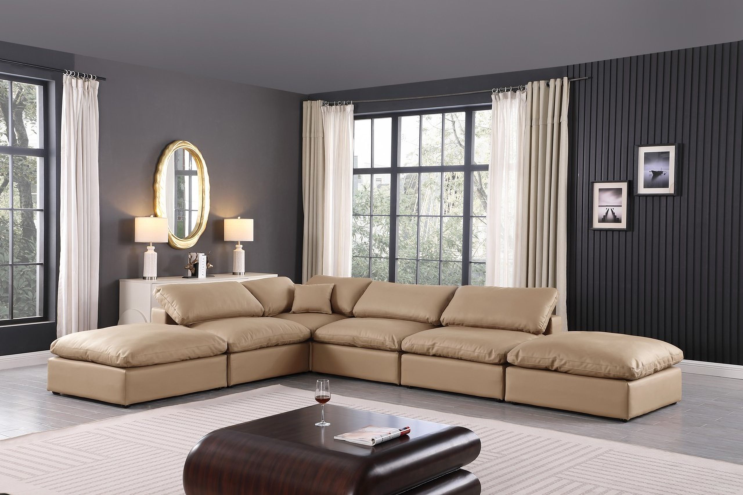 Comfy Vegan Leather 6 Piece Modular Sectional In Tan