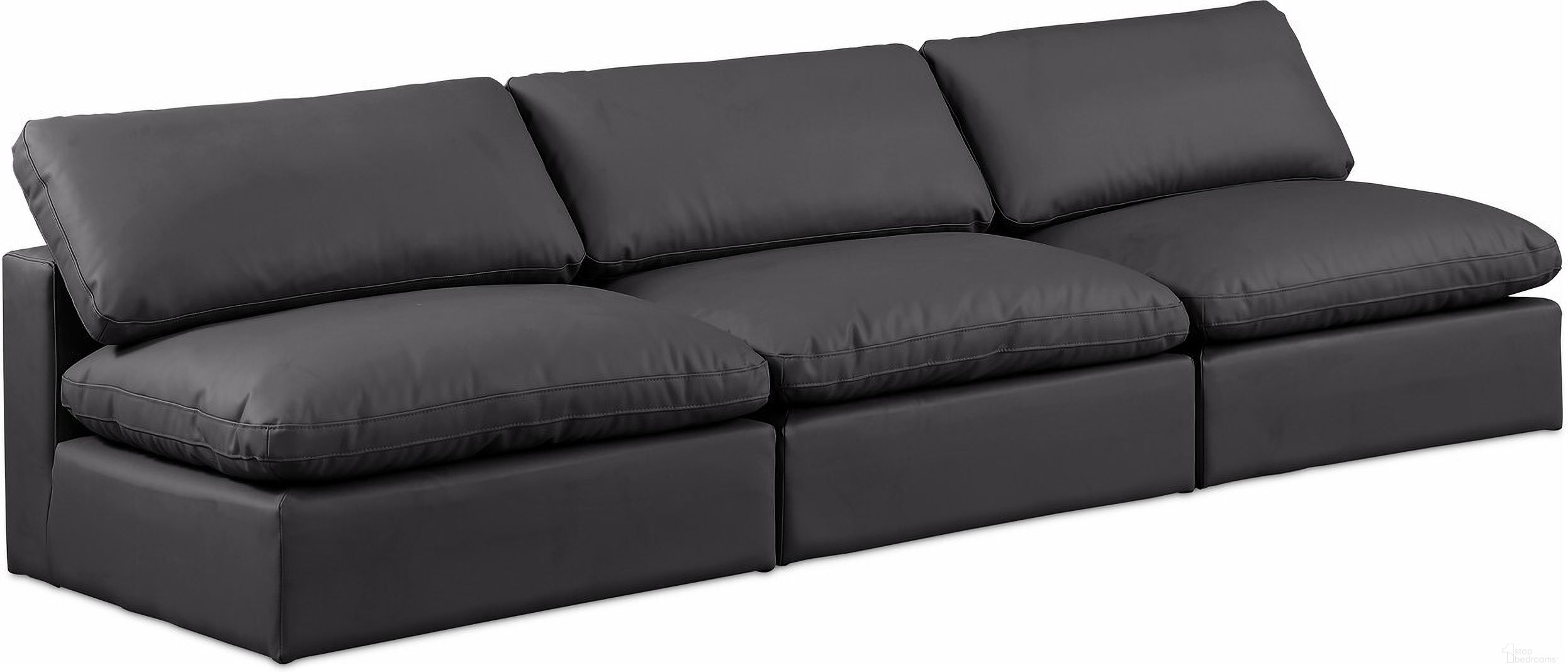 The appearance of Comfy Vegan Leather 3 Seater Modular Sofa In Black designed by Meridian in the modern / contemporary interior design. This black piece of furniture  was selected by 1StopBedrooms from Comfy Collection to add a touch of cosiness and style into your home. Sku: 188Black-Armless;188Black-Armless;188Black-Armless. Material: Leather.