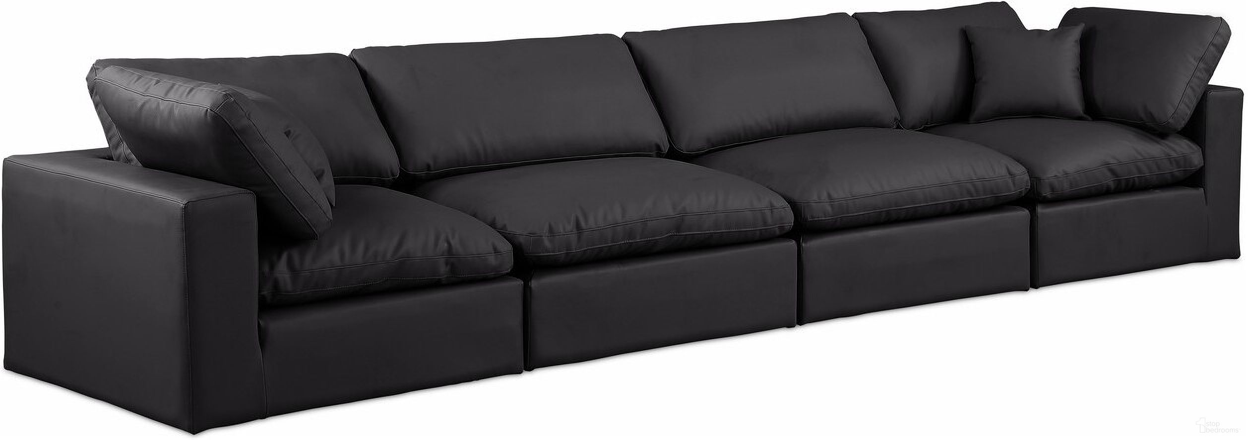 The appearance of Comfy Vegan Leather 4 Seater Modular Sofa with Arm Support In Black designed by Meridian in the modern / contemporary interior design. This black piece of furniture  was selected by 1StopBedrooms from Comfy Collection to add a touch of cosiness and style into your home. Sku: 188Black-Armless;188Black-Armless;188Black-Corner;188Black-Corner. Material: Leather.