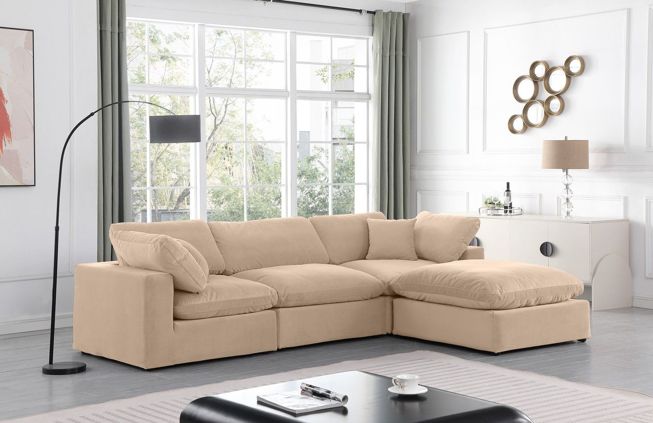The appearance of Comfy Velvet 4 Piece Modular Sectional In Beige designed by Meridian in the modern / contemporary interior design. This beige piece of furniture was selected by 1StopBedrooms from Comfy Collection to add a touch of cosiness and style into your home. Sku: 189Beige-Armless;189Beige-Corner;189Beige-Corner;189Beige-Ott. Material: Velvet. Layout: Modular.